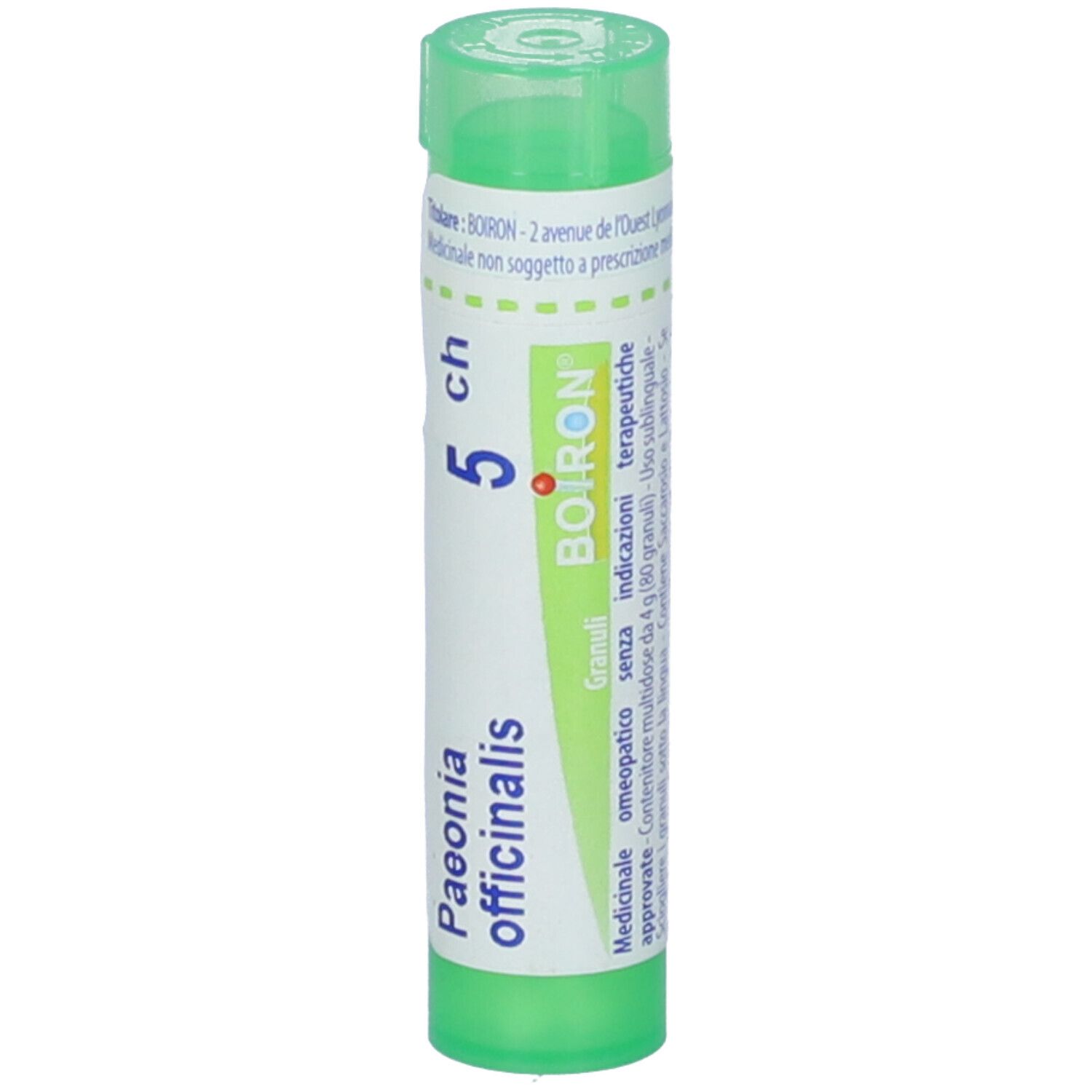 Tubo verde con etichetta bianca. Scritte: Paeonia officinalis, 5 ch, BOIRON. Tappo verde.