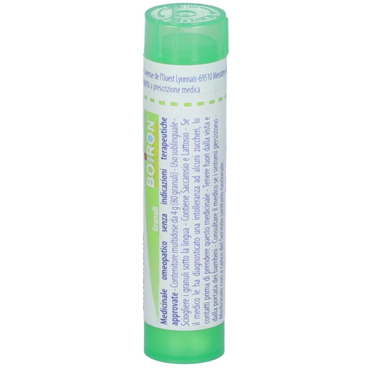 Tubo verde con etichetta bianca. Scritte: BOIRON, Granuli, 5 ch. Tappo verde.