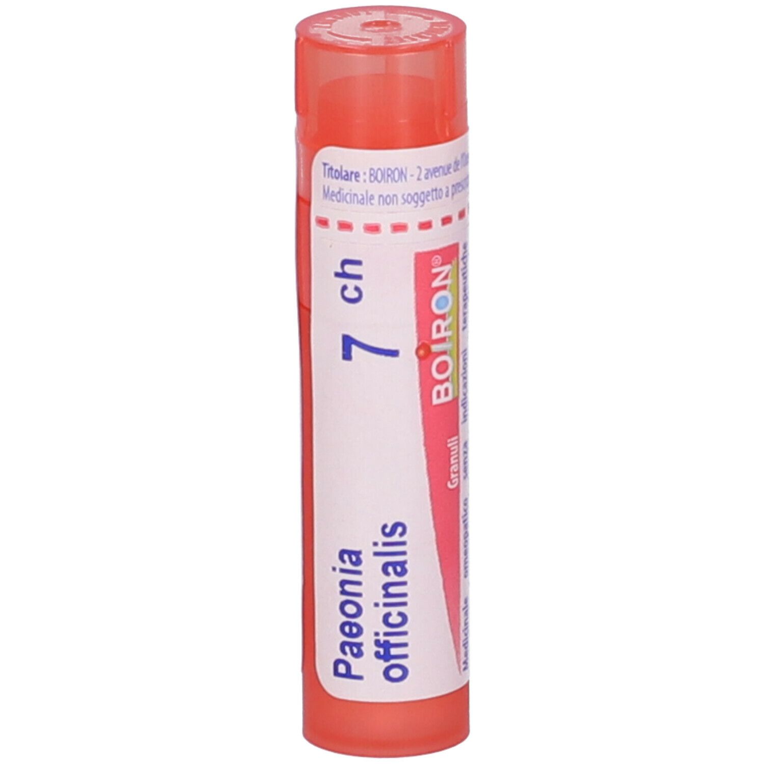Confezione cilindrica con 'Paeonia officinalis 7 ch' e logo. Tappo arancione. Testo in italiano.