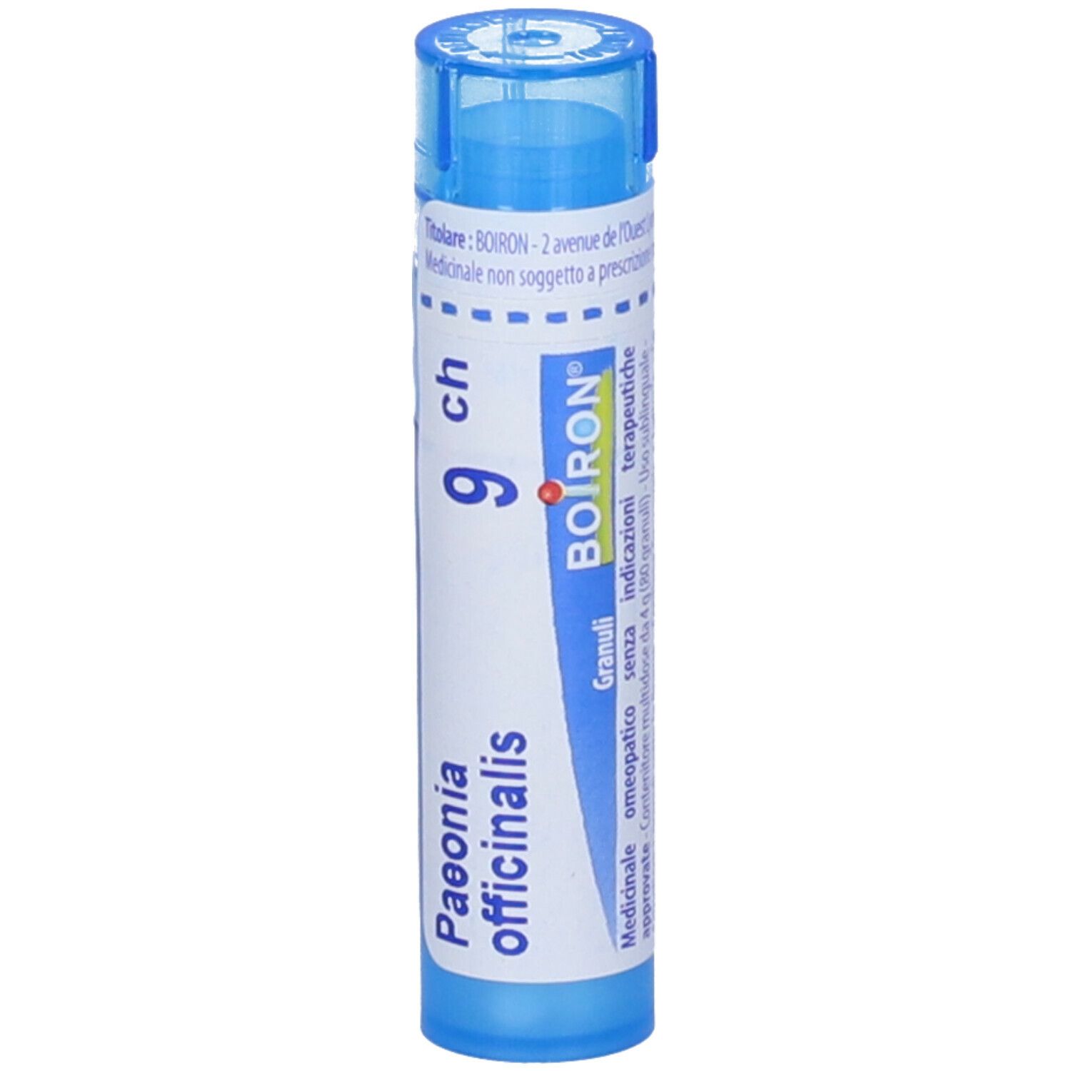 Tubo blu con etichetta bianca. Scritta: Paeonia officinalis 9 ch, logo BOIRON, Granuli.