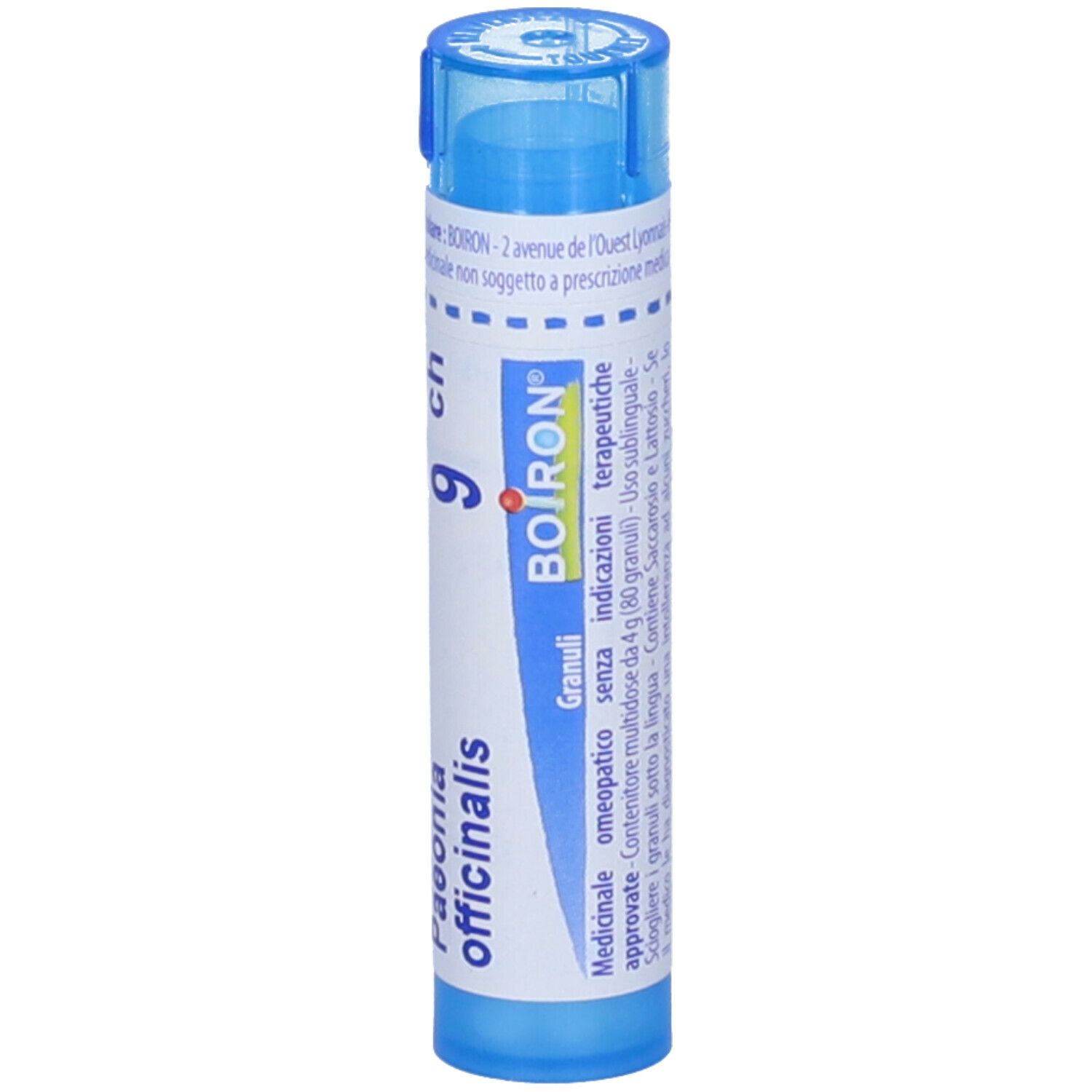 Tubo blu con etichetta bianca. Scritta: Paeonia officinalis 9 ch, logo BOIRON, Granuli.