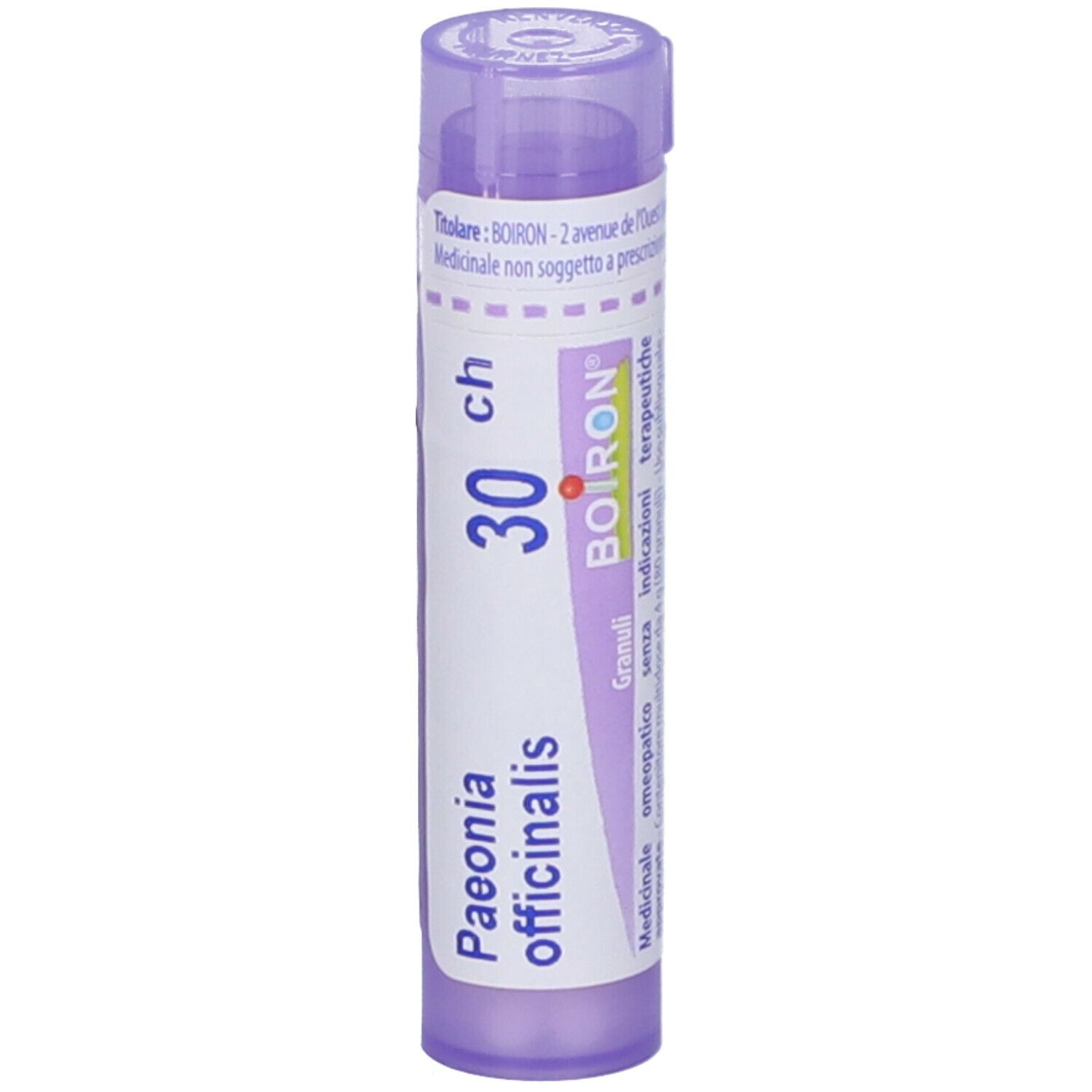 Confezione cilindrica con "Paeonia officinalis 30 ch". Marchio BOIRON. Colori viola e bianco. Granuli. Vista ravvicinata.