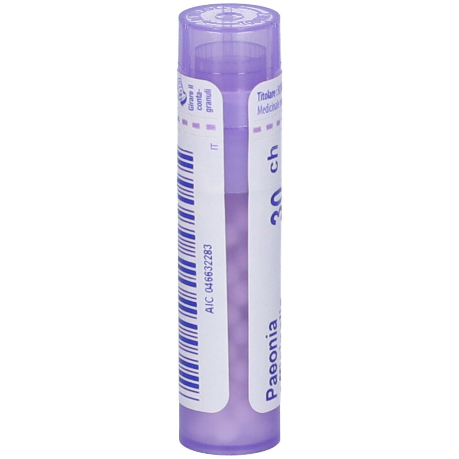 Confezione cilindrica con "Paeonia officinalis 30 ch". Marchio BOIRON. Colori viola e bianco. Granuli. Codice a barre.