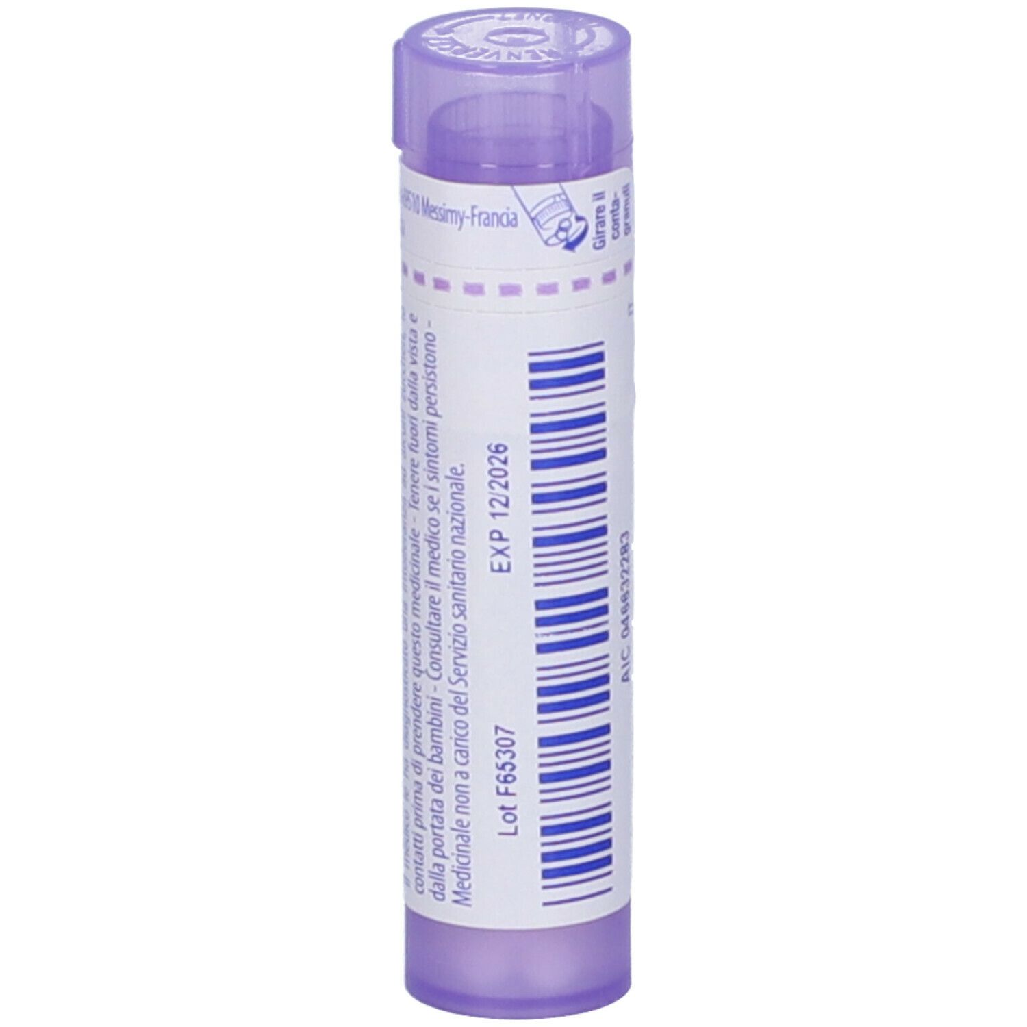 Confezione cilindrica con "Paeonia officinalis 30 ch". Marchio BOIRON. Colori viola e bianco. Granuli. Scadenza.