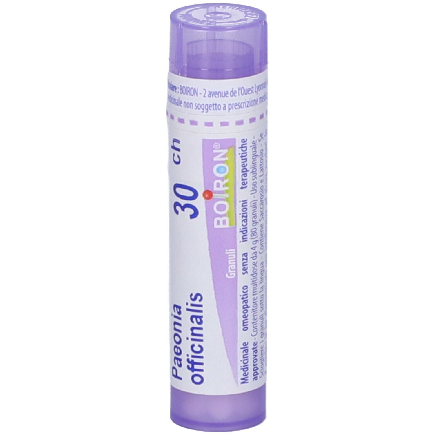 Confezione cilindrica con "Paeonia officinalis 30 ch". Marchio BOIRON. Colori viola e bianco. Granuli. Informazioni.