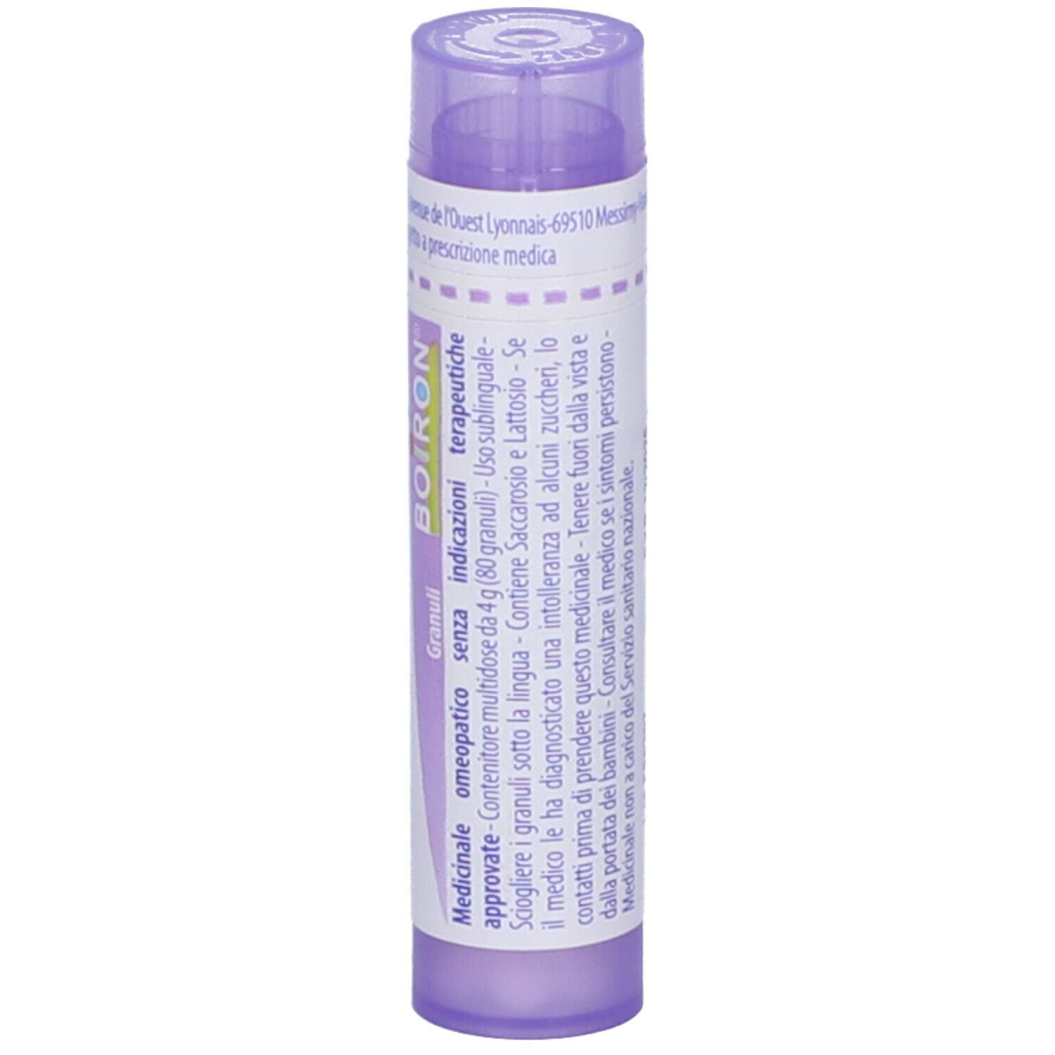 Confezione cilindrica con "Paeonia officinalis 30 ch". Marchio BOIRON. Colori viola e bianco. Granuli. Testo.