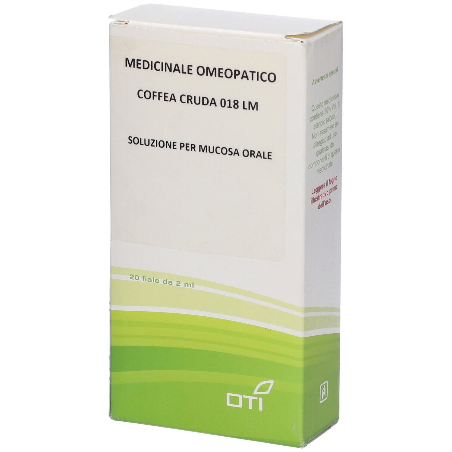 Scatola con testo: Medicinale Omeopatico, Coffea Cruda 018 LM, Soluzione per mucosa orale. Logo OTI.