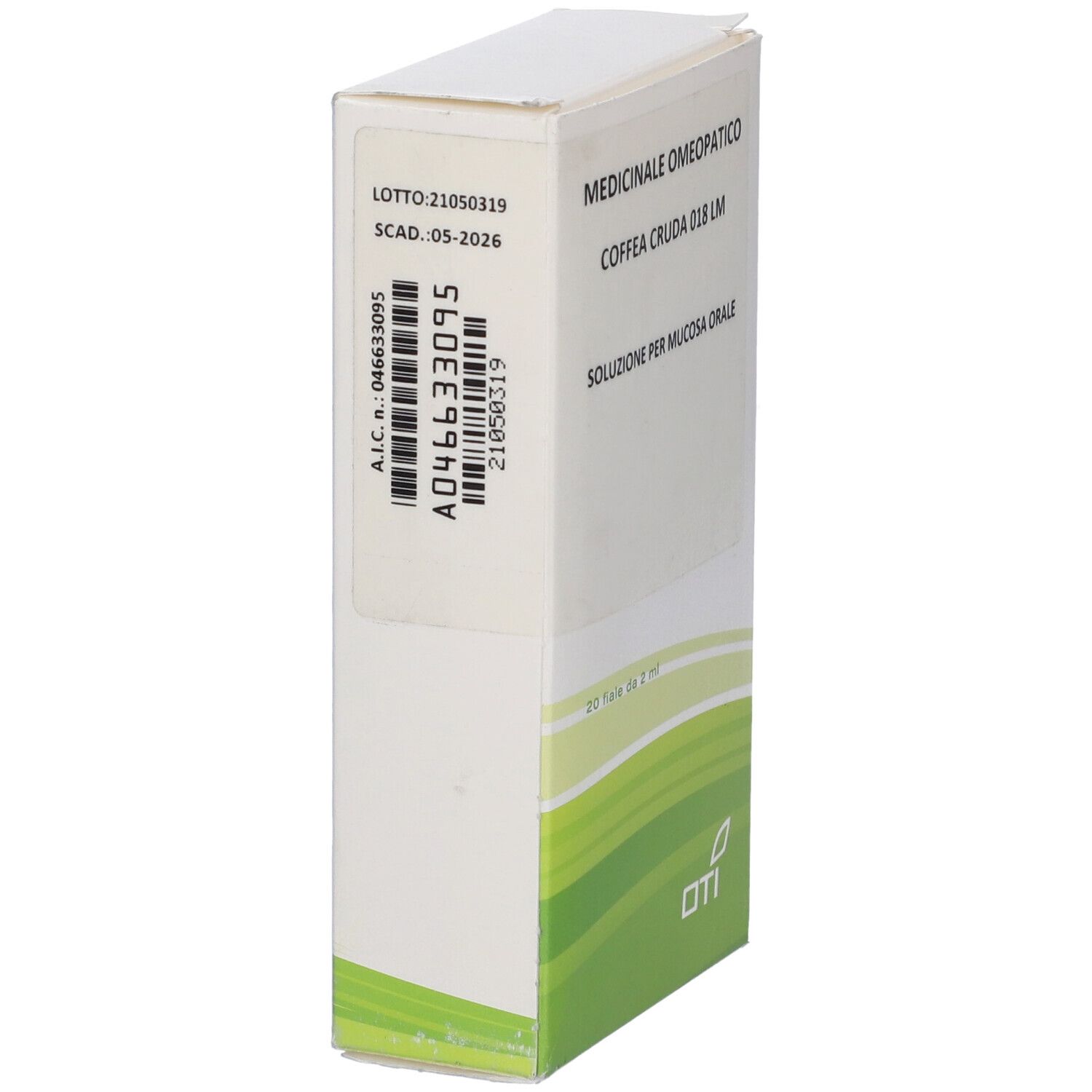 Scatola con testo e codice a barre. Medicinale Omeopatico, Coffea Cruda 018 LM, Soluzione per mucosa orale. Logo OTI.