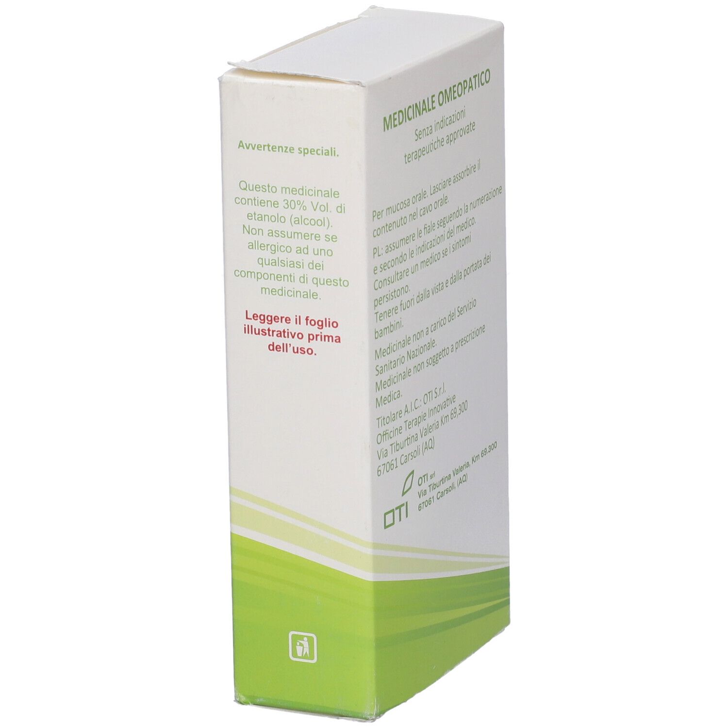 Scatola con testo. Medicinale Omeopatico, senza indicazioni terapeutiche. Logo OTI. Contiene 20 fiale da 2 ml.