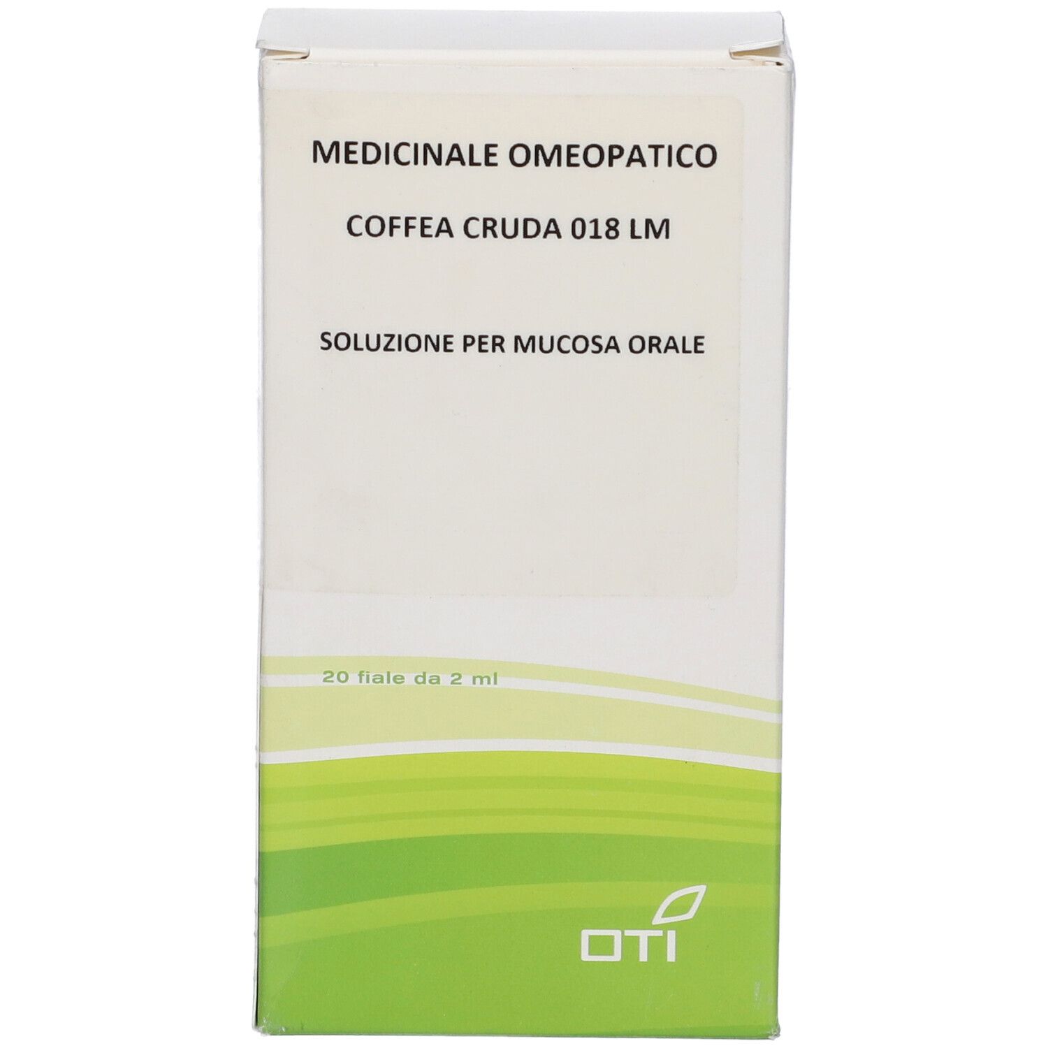 Scatola con testo: Medicinale Omeopatico, Coffea Cruda 018 LM, Soluzione per mucosa orale. Logo OTI. 20 fiale.