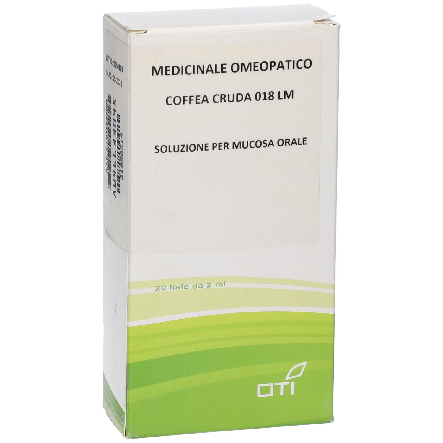 Scatola con testo: Medicinale Omeopatico, Coffea Cruda 018 LM, Soluzione per mucosa orale. Logo OTI. 20 fiale.