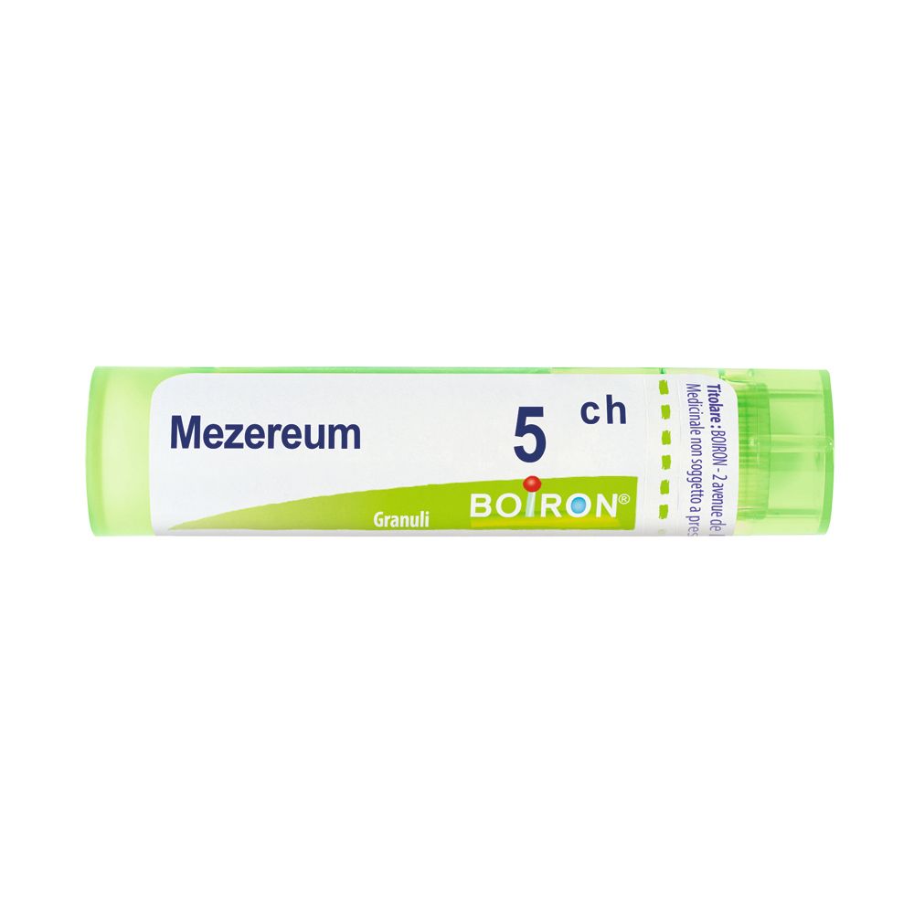Confezione cilindrica con etichetta bianca. Scritta: Mezereum 5 ch, Granuli, BOIRON.