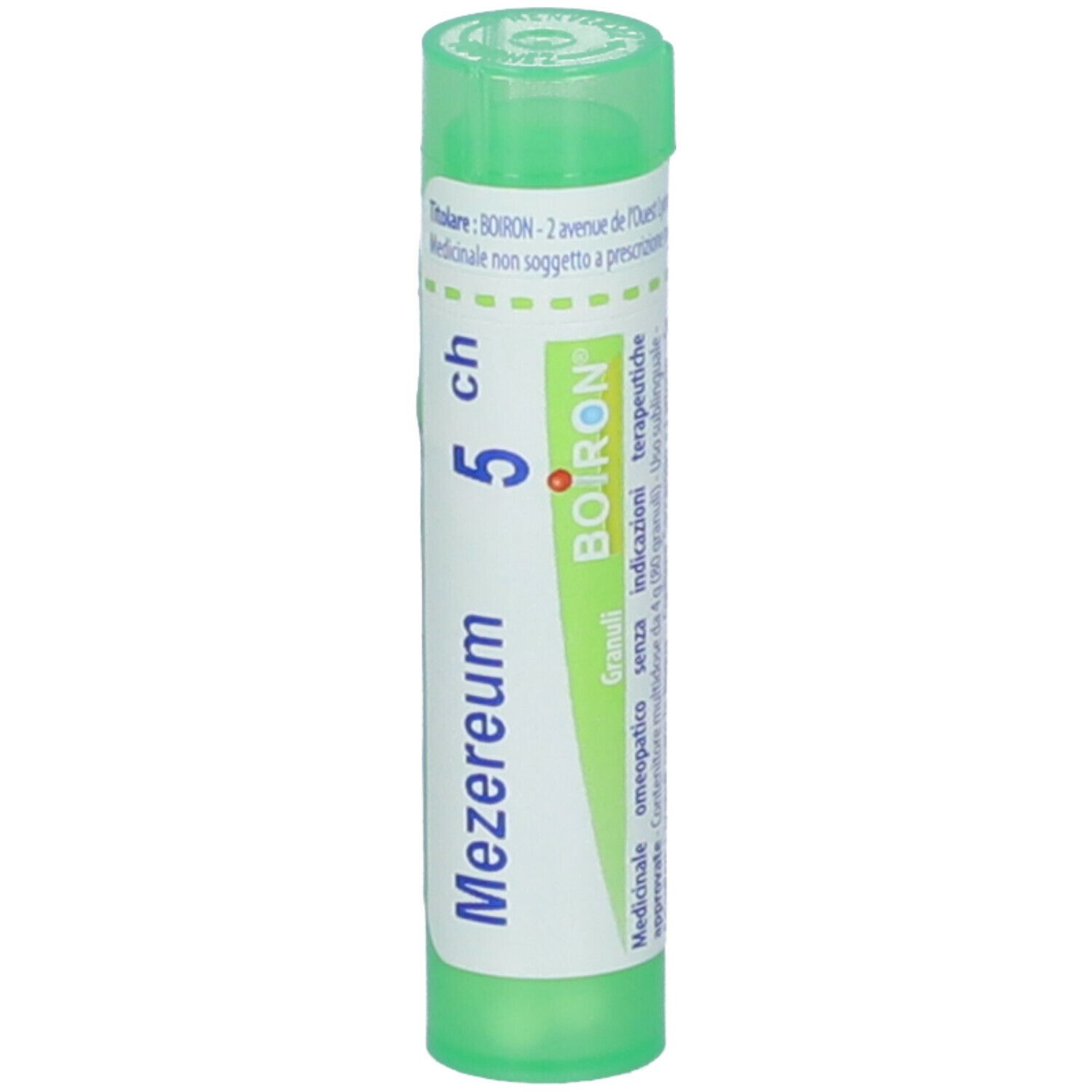 Tubetto cilindrico verde. Scritta: Mezereum 5 ch, BOIRON, Granuli, omeopatico.