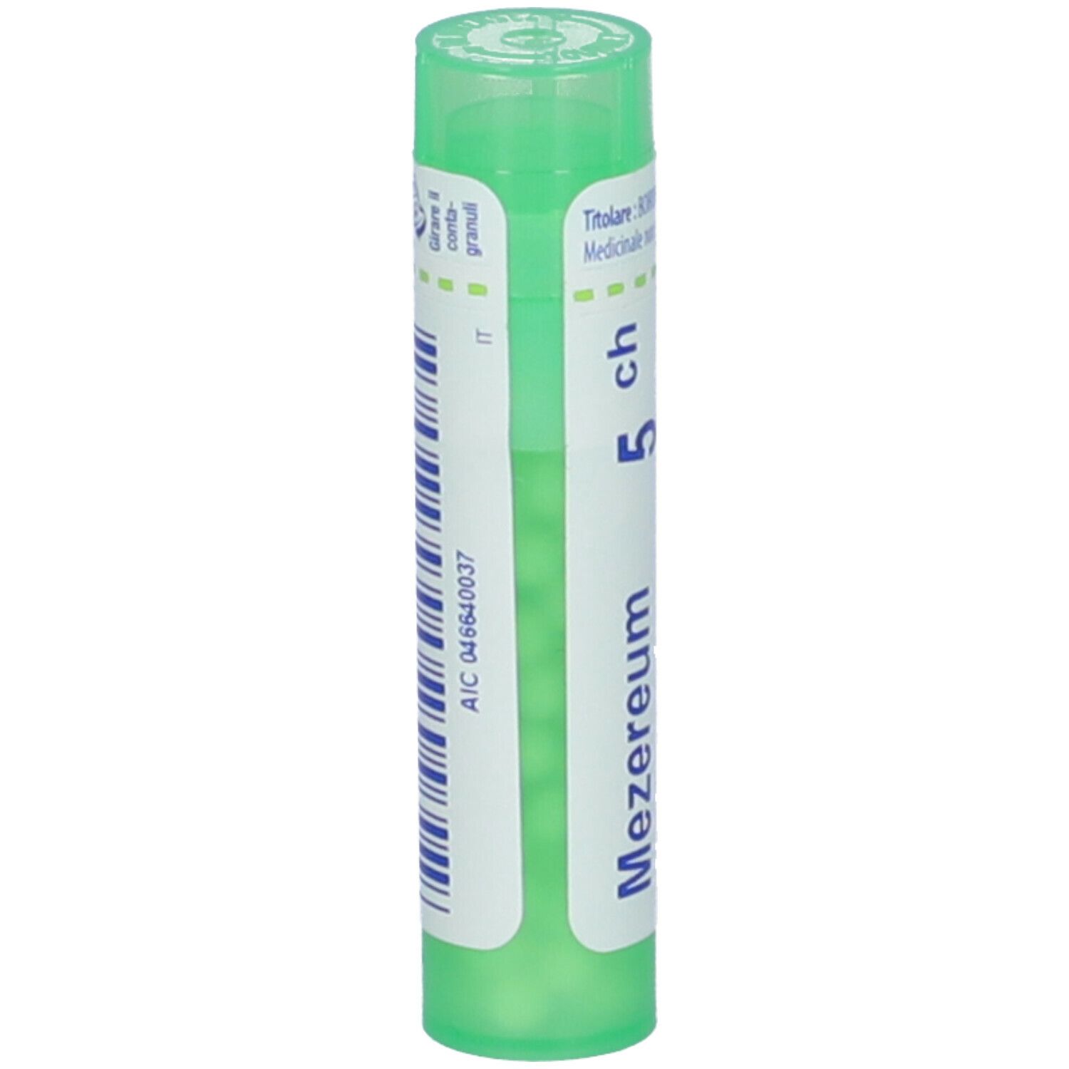 Tubetto cilindrico verde. Scritta: Mezereum 5 ch. Con codice a barre e codice AIC.