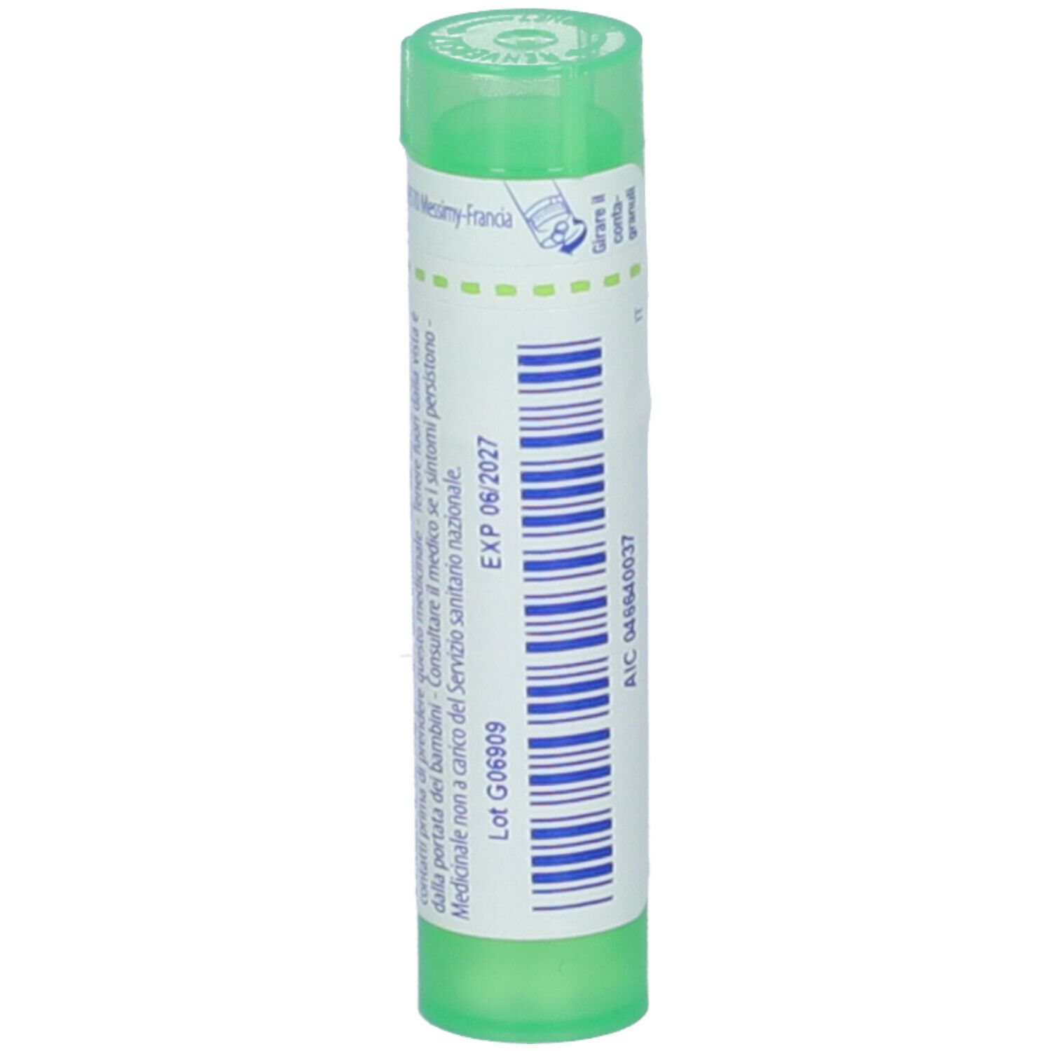Tubetto cilindrico verde. Scritta: Mezereum 5 ch. Con data di scadenza e numero di lotto.