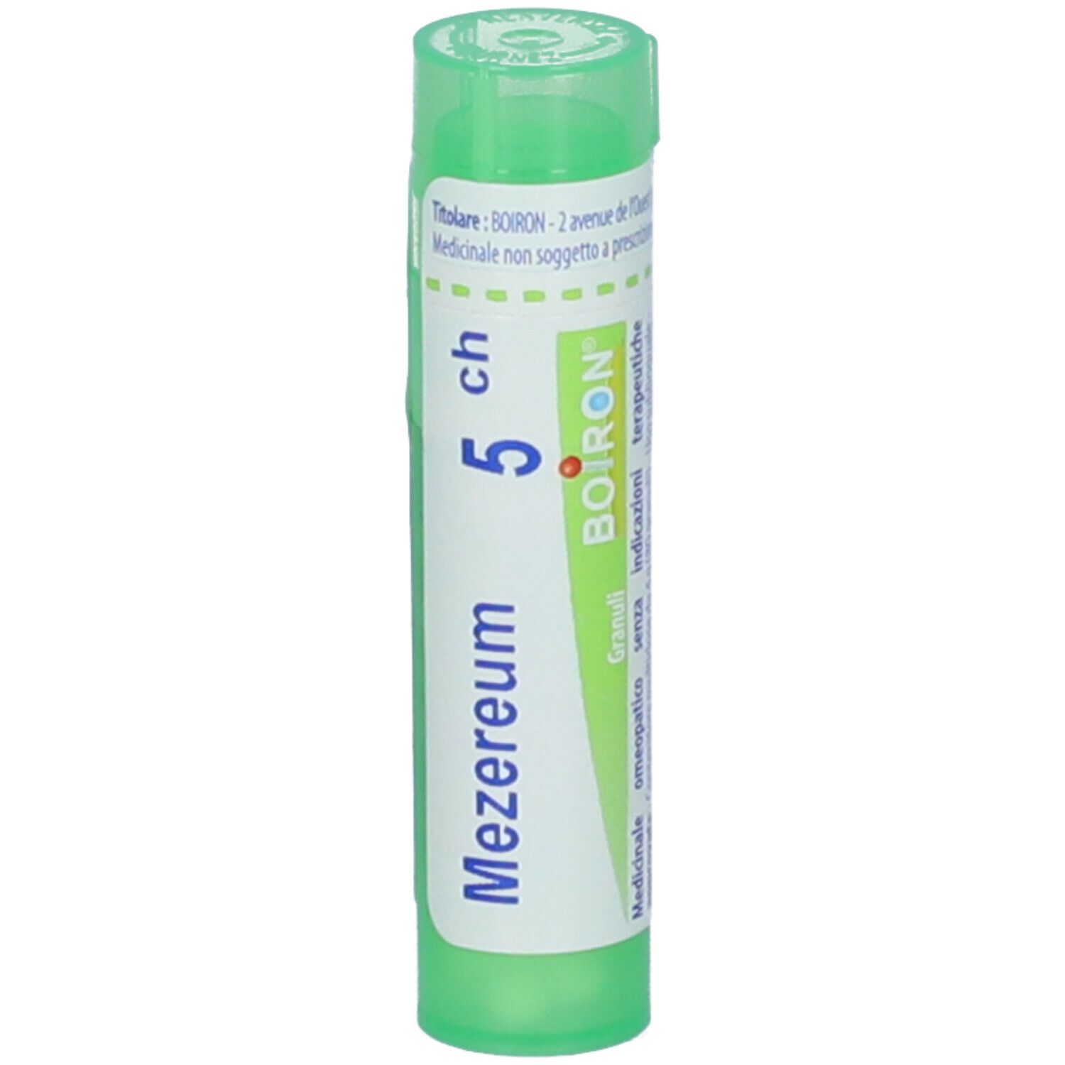 Tubetto cilindrico verde. Scritta: Mezereum 5 ch, BOIRON, Granuli, omeopatico.