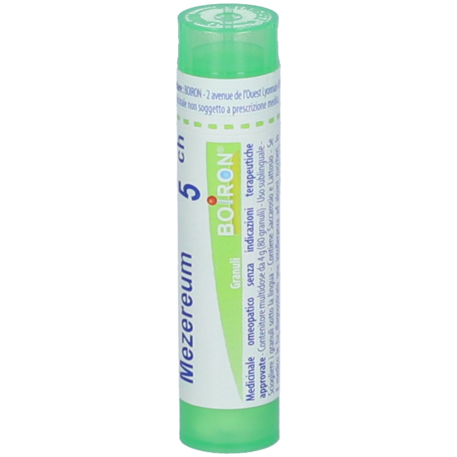 Tubetto cilindrico verde. Scritta: Mezereum 5 ch, BOIRON, Granuli, omeopatico.