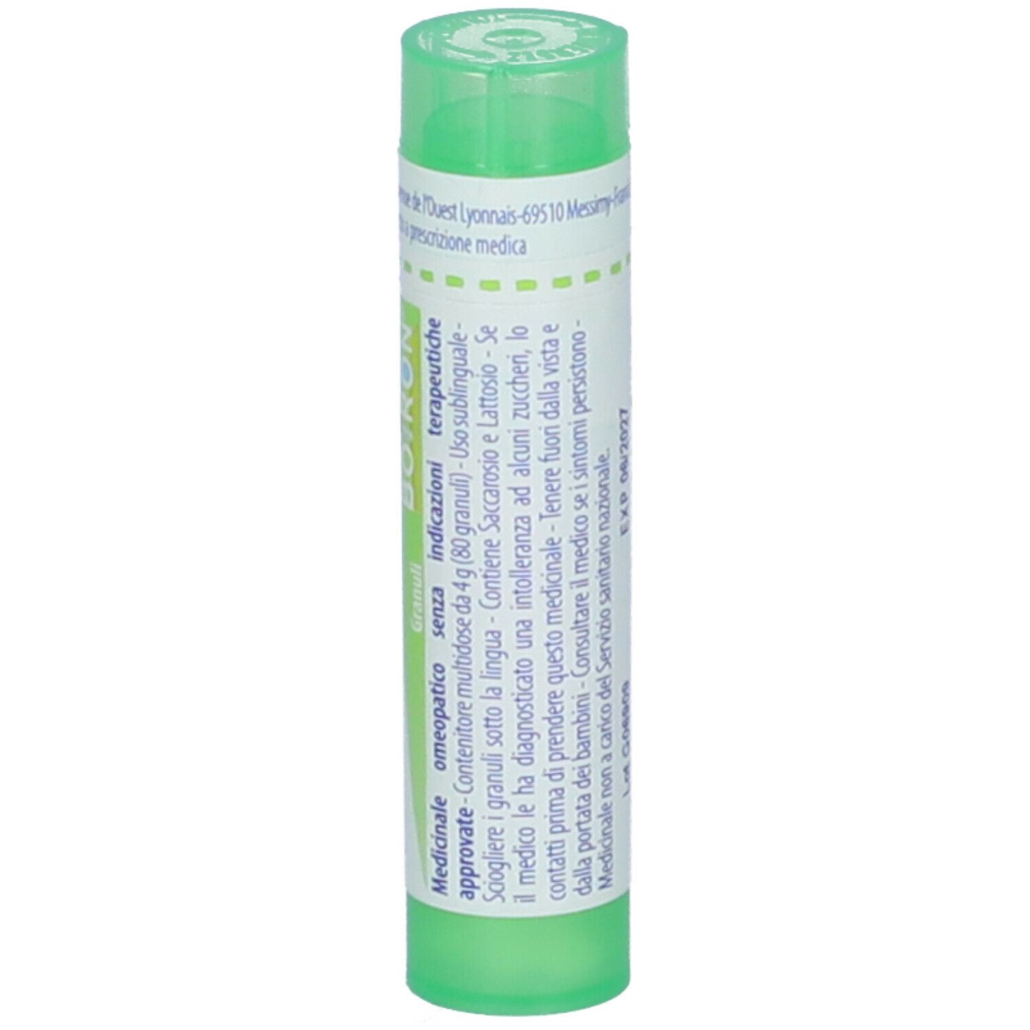 Tubetto cilindrico verde. Scritta: Mezereum 5 ch, BOIRON, Granuli, omeopatico.