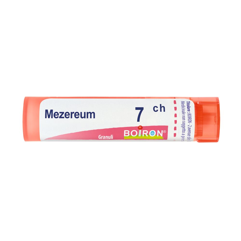 Confezione cilindrica arancione con etichetta bianca. Scritta: Mezereum 7 ch, Granuli, BOIRON.