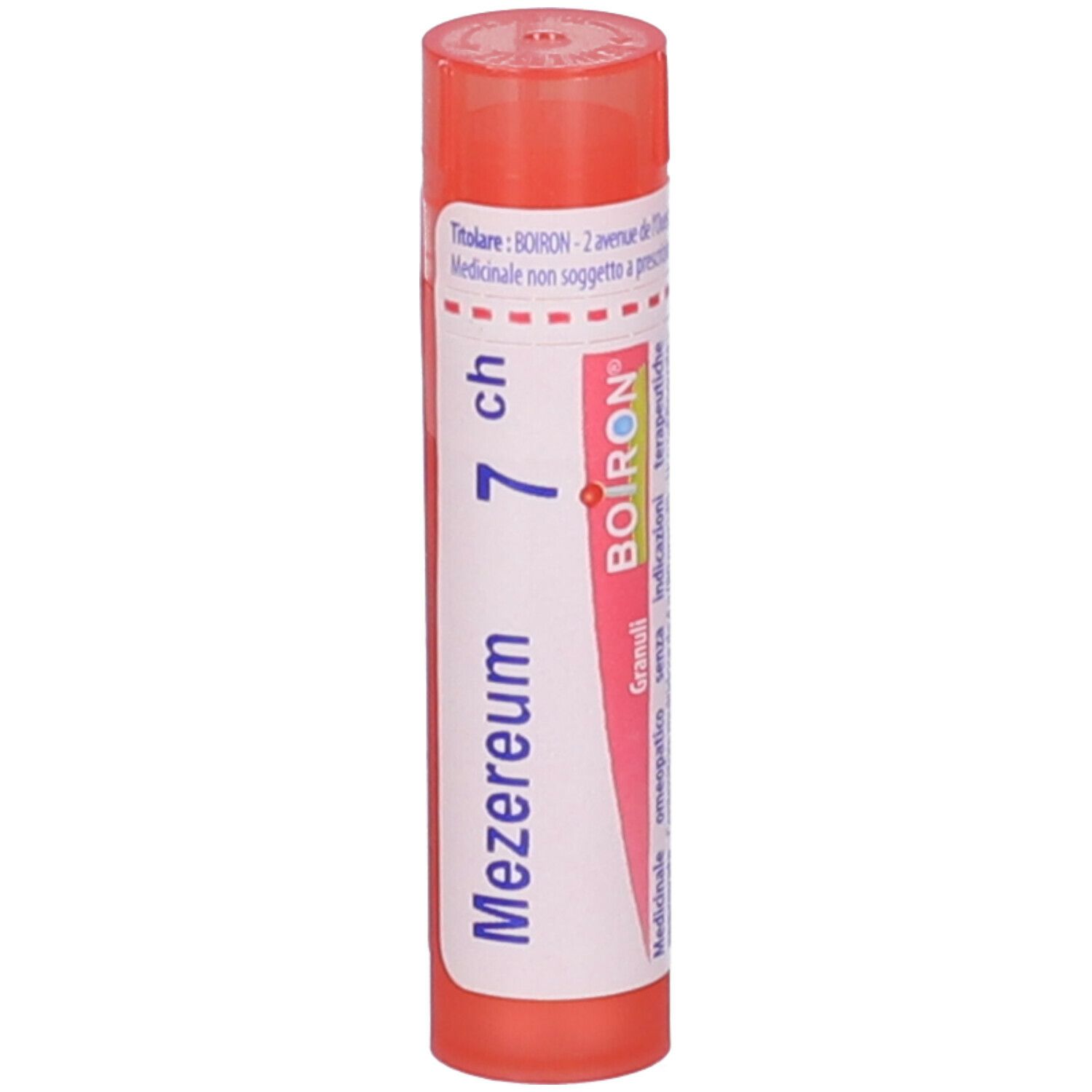 Confezione cilindrica arancione. Scritta: Mezereum 7 ch, BOIRON. Etichetta con informazioni prodotto.