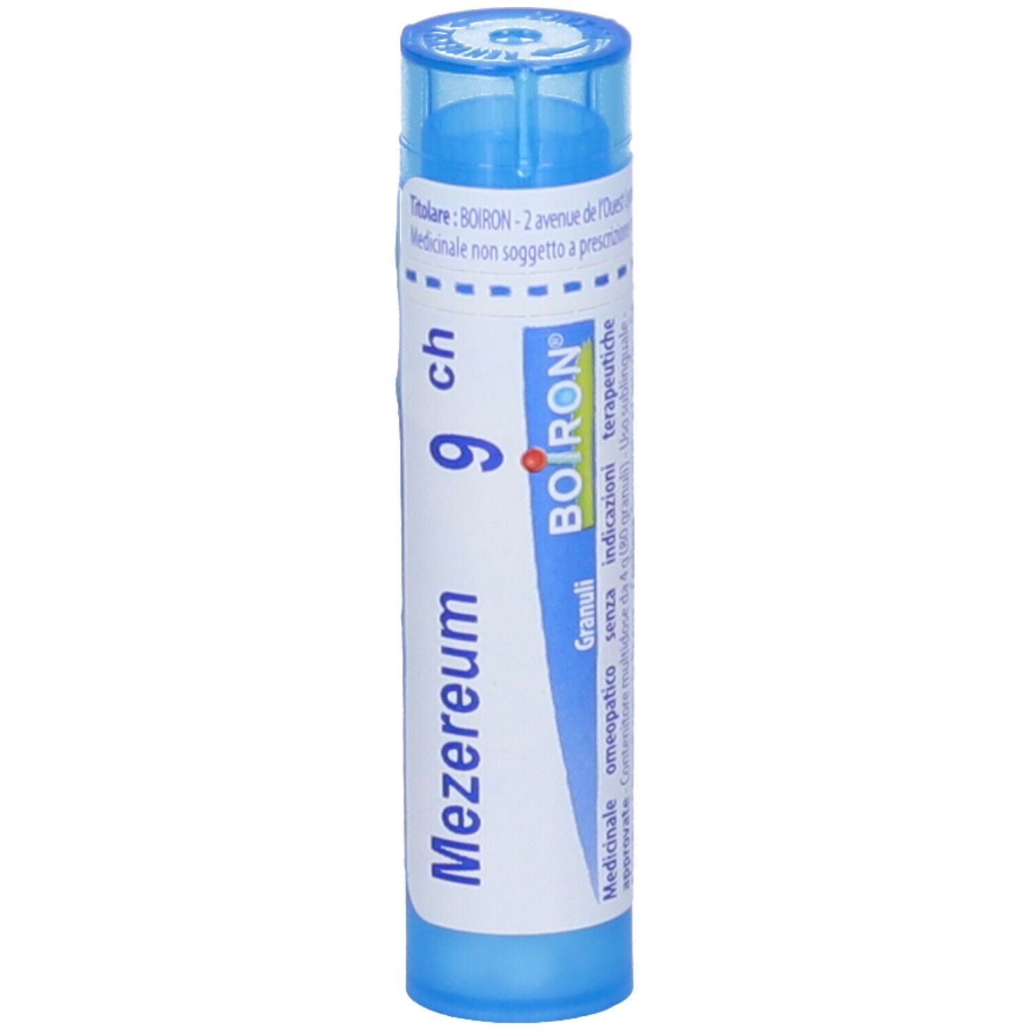 Confezione cilindrica blu. Scritta: Mezereum 9 ch, BOIRON, Granuli.
