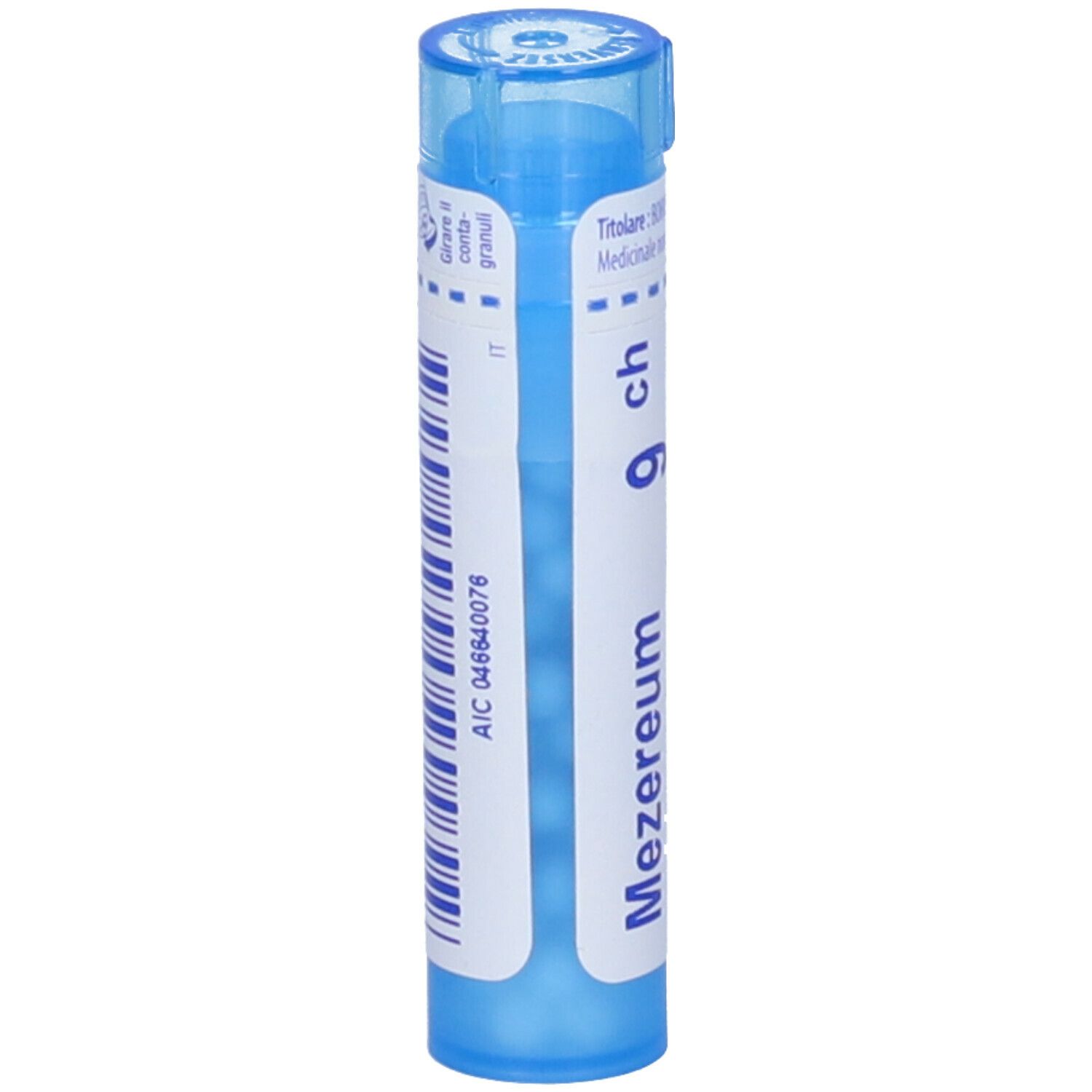 Confezione cilindrica blu. Scritta: Mezereum 9 ch, codice AIC.