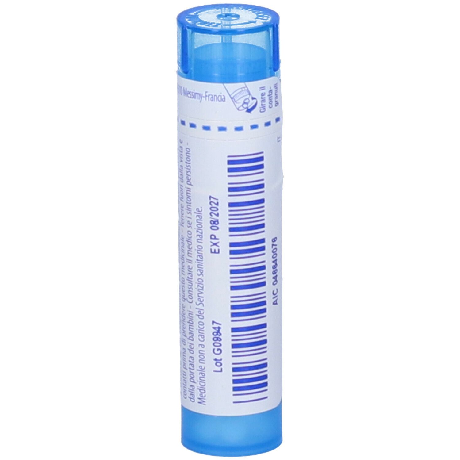 Confezione cilindrica blu. Scritta: Mezereum 9 ch, Scadenza 08/2027.