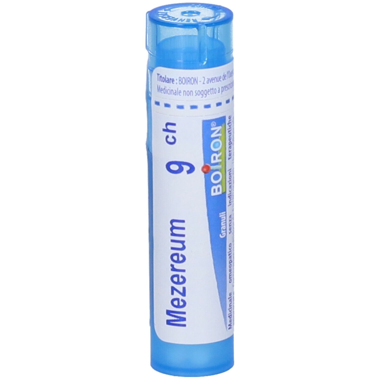 Confezione cilindrica blu. Scritta: Mezereum 9 ch, BOIRON, Granuli.