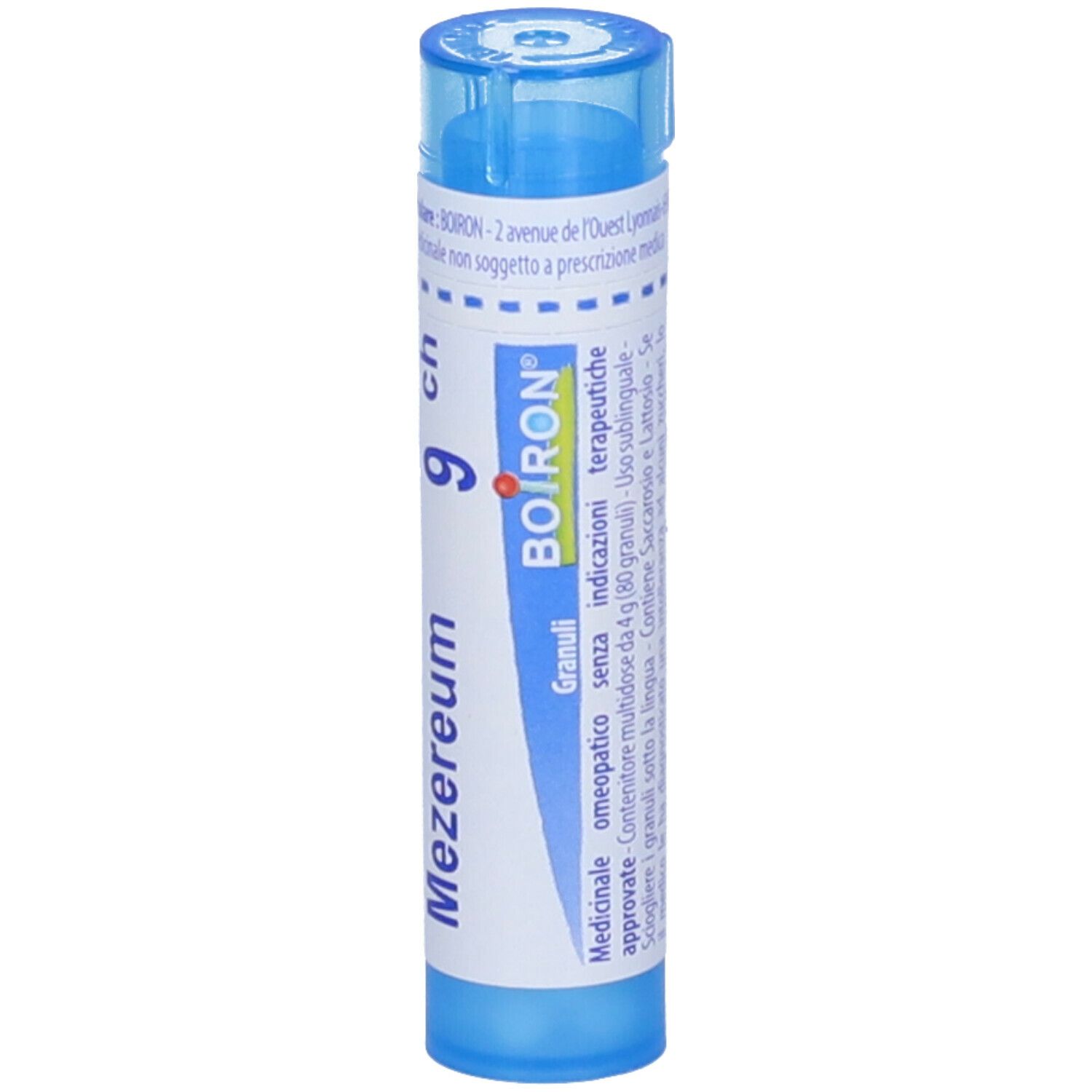 Confezione cilindrica blu. Scritta: Mezereum 9 ch, BOIRON, Granuli.