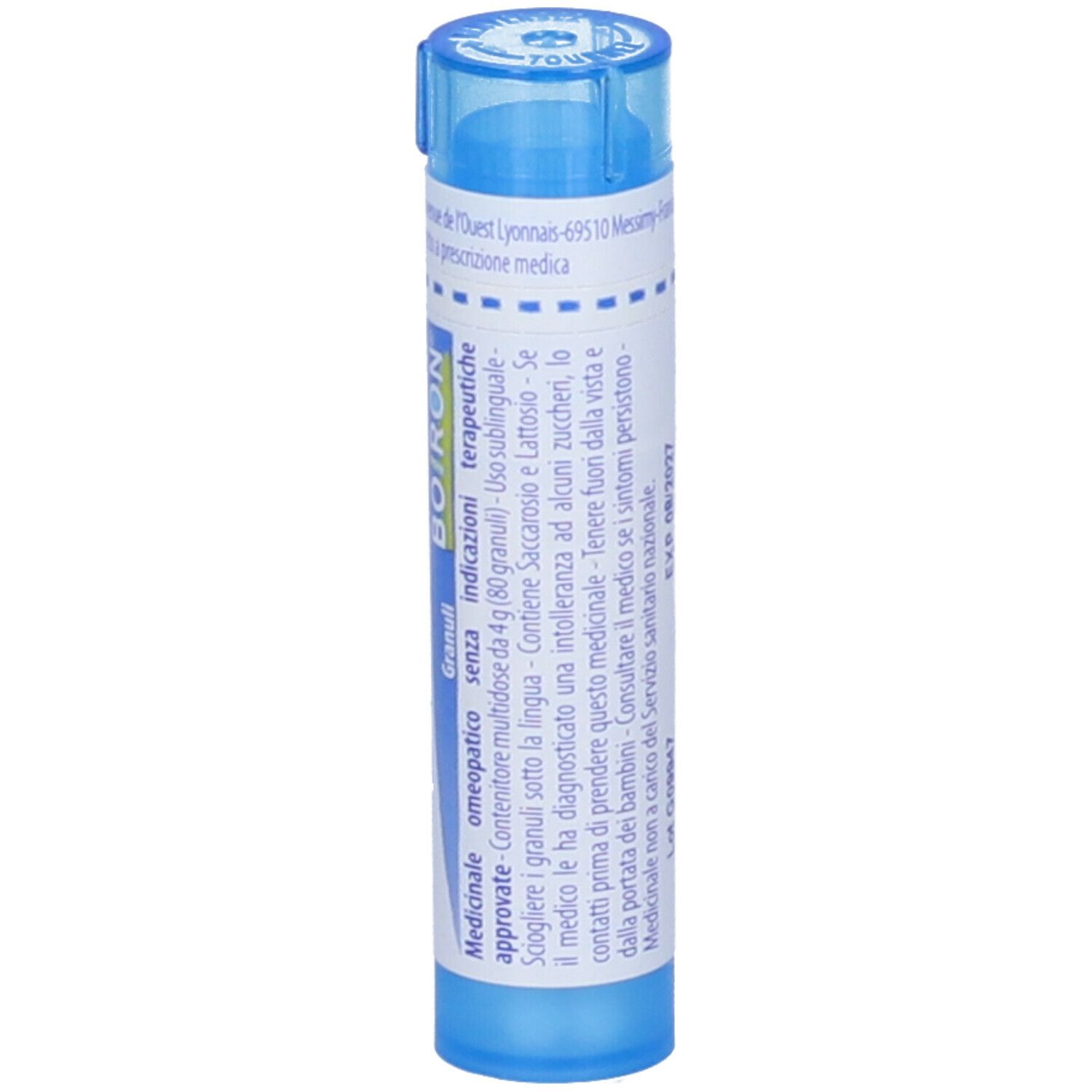Confezione cilindrica blu. Scritta: Mezereum 9 ch, BOIRON, Granuli.