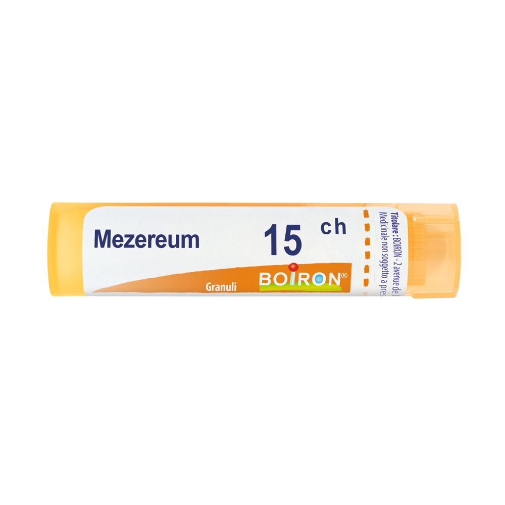Contenitore multidose cilindrico giallo. Scritta: Mezereum 15 ch, BOIRON, Granuli.