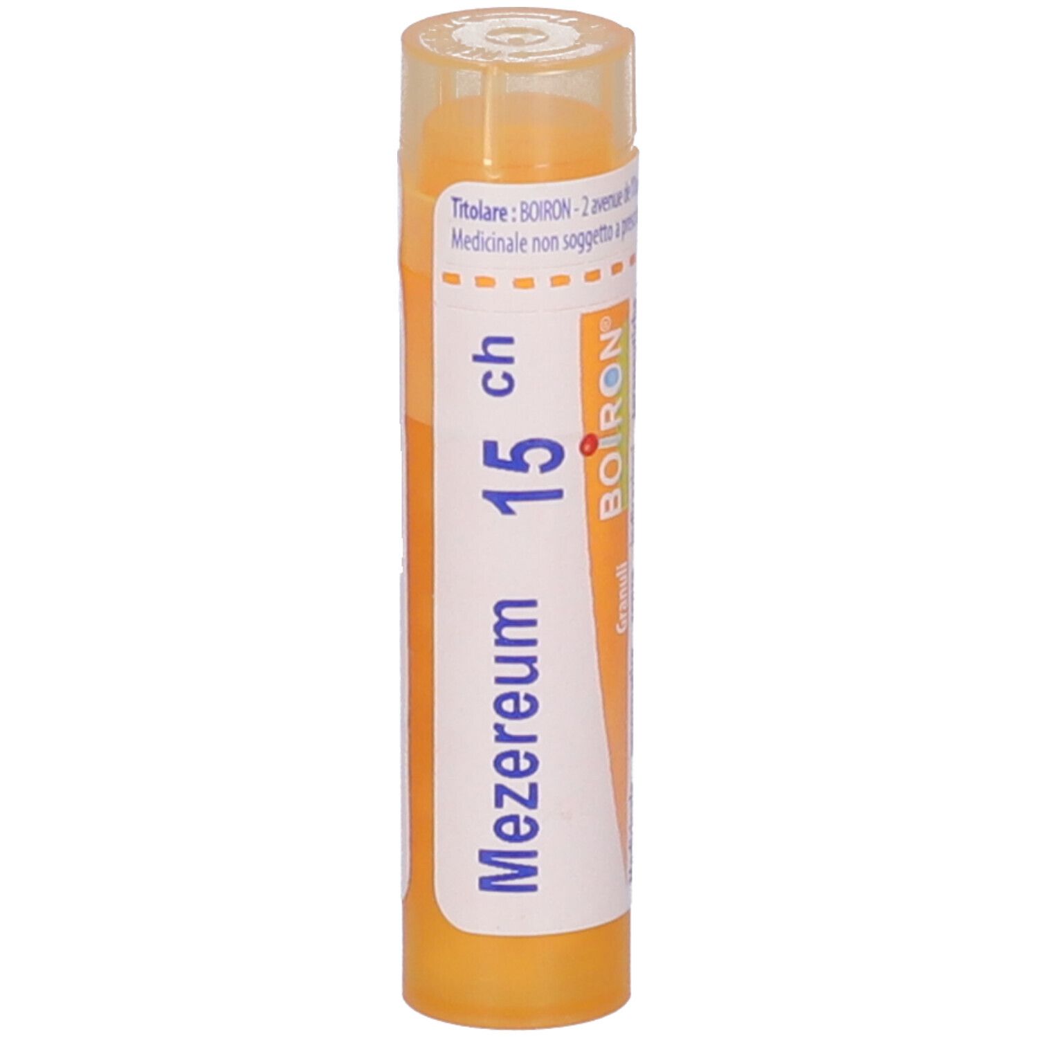 Contenitore multidose cilindrico giallo. Scritta: Mezereum 15 ch, BOIRON.