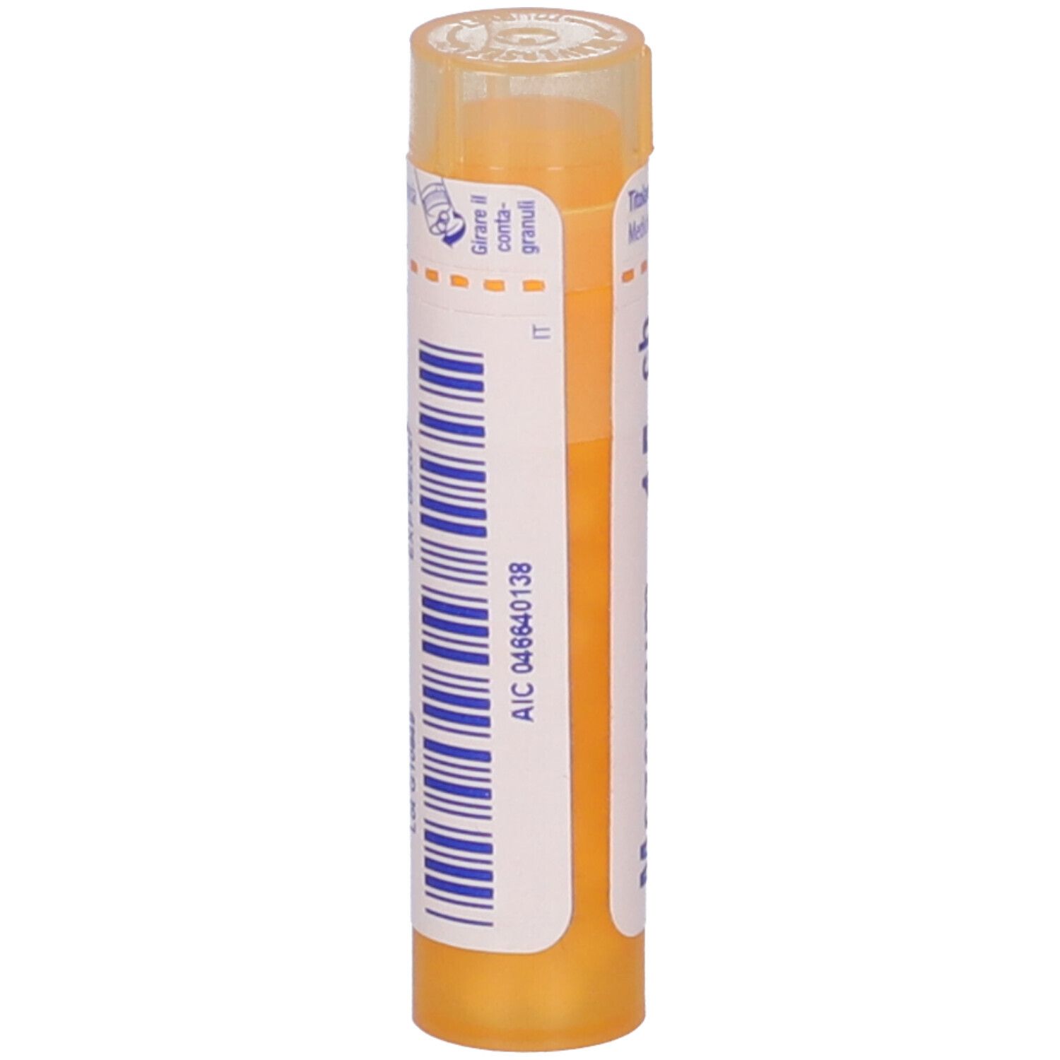 Contenitore multidose cilindrico giallo. Scritta: AIC 046640138. Strisce blu.