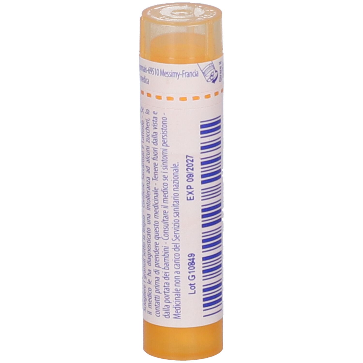 Contenitore multidose cilindrico giallo. Scritta: EXP 09/2027, Lot G10649.