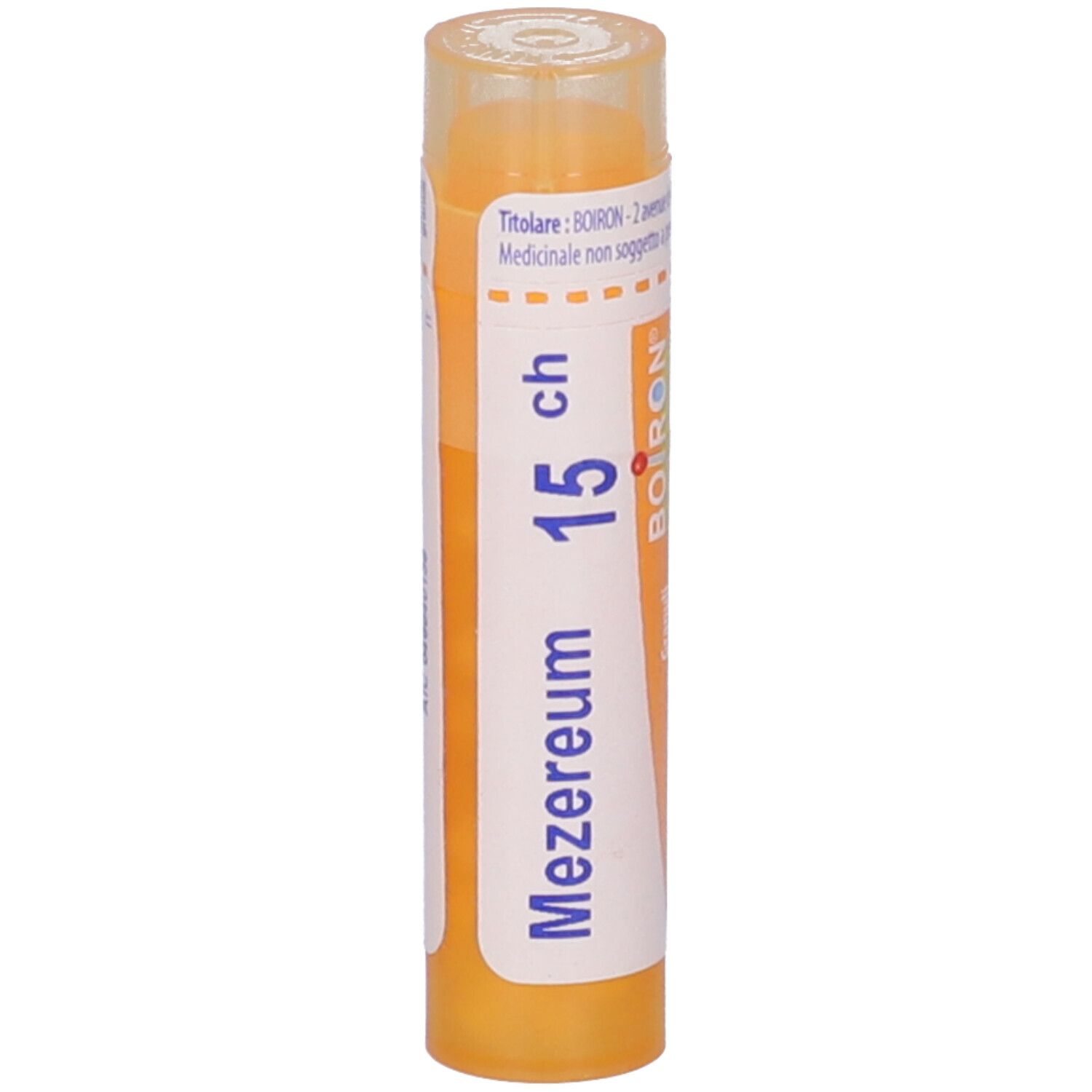 Contenitore multidose cilindrico giallo. Scritta: Mezereum 15 ch, BOIRON.