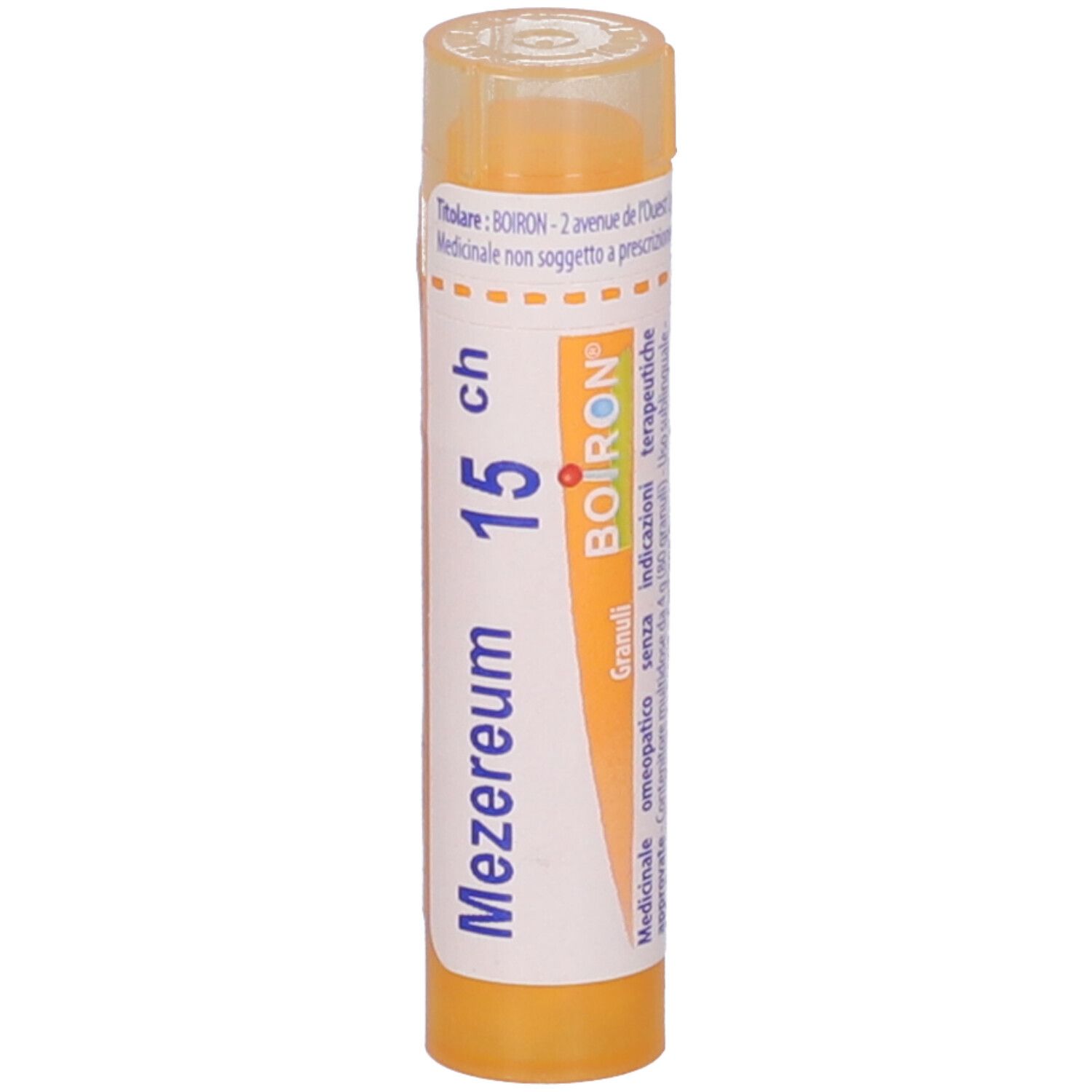 Contenitore multidose cilindrico giallo. Scritta: Mezereum 15 ch, BOIRON, Granuli.