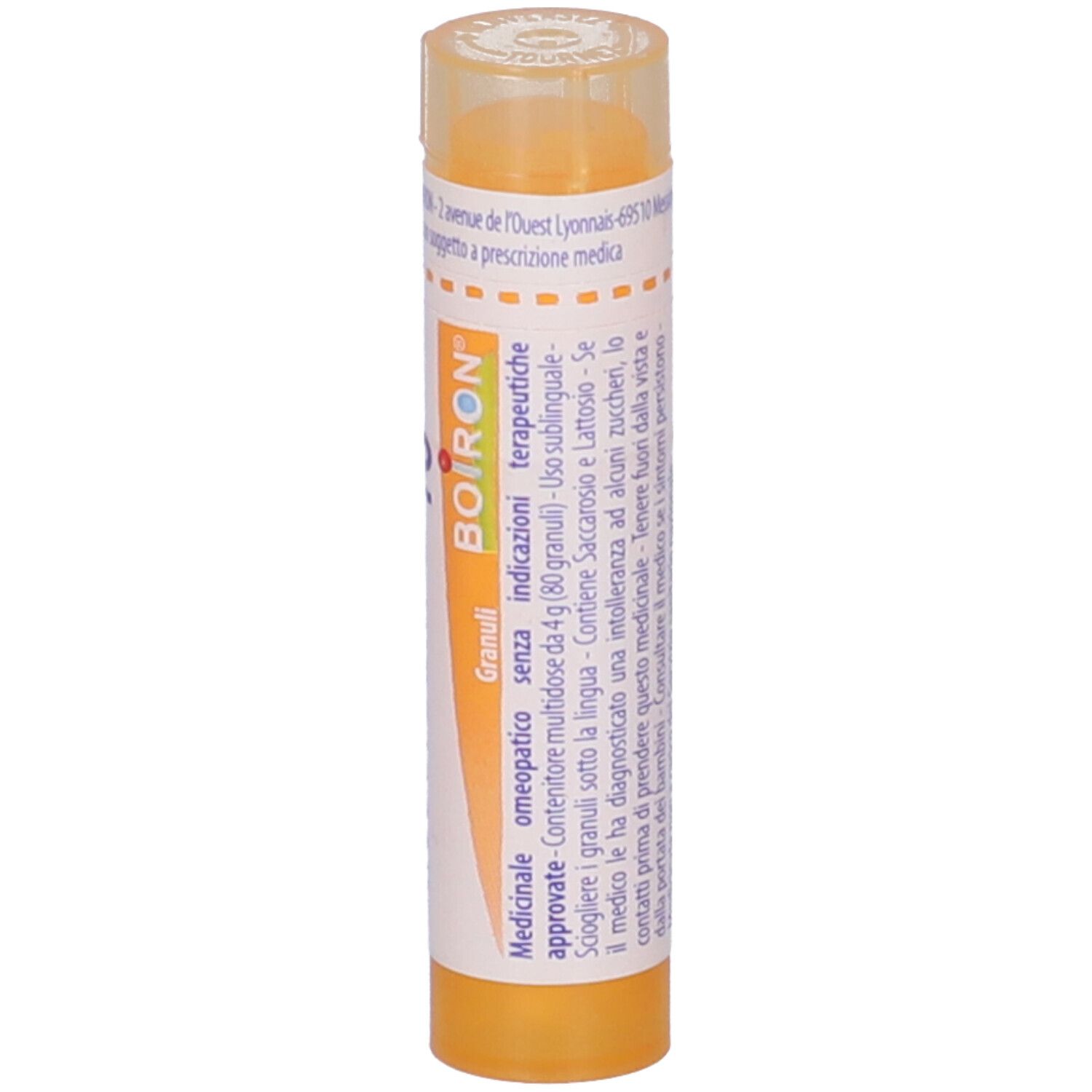 Contenitore multidose cilindrico giallo. Scritta: BOIRON, Granuli, omeopatico.