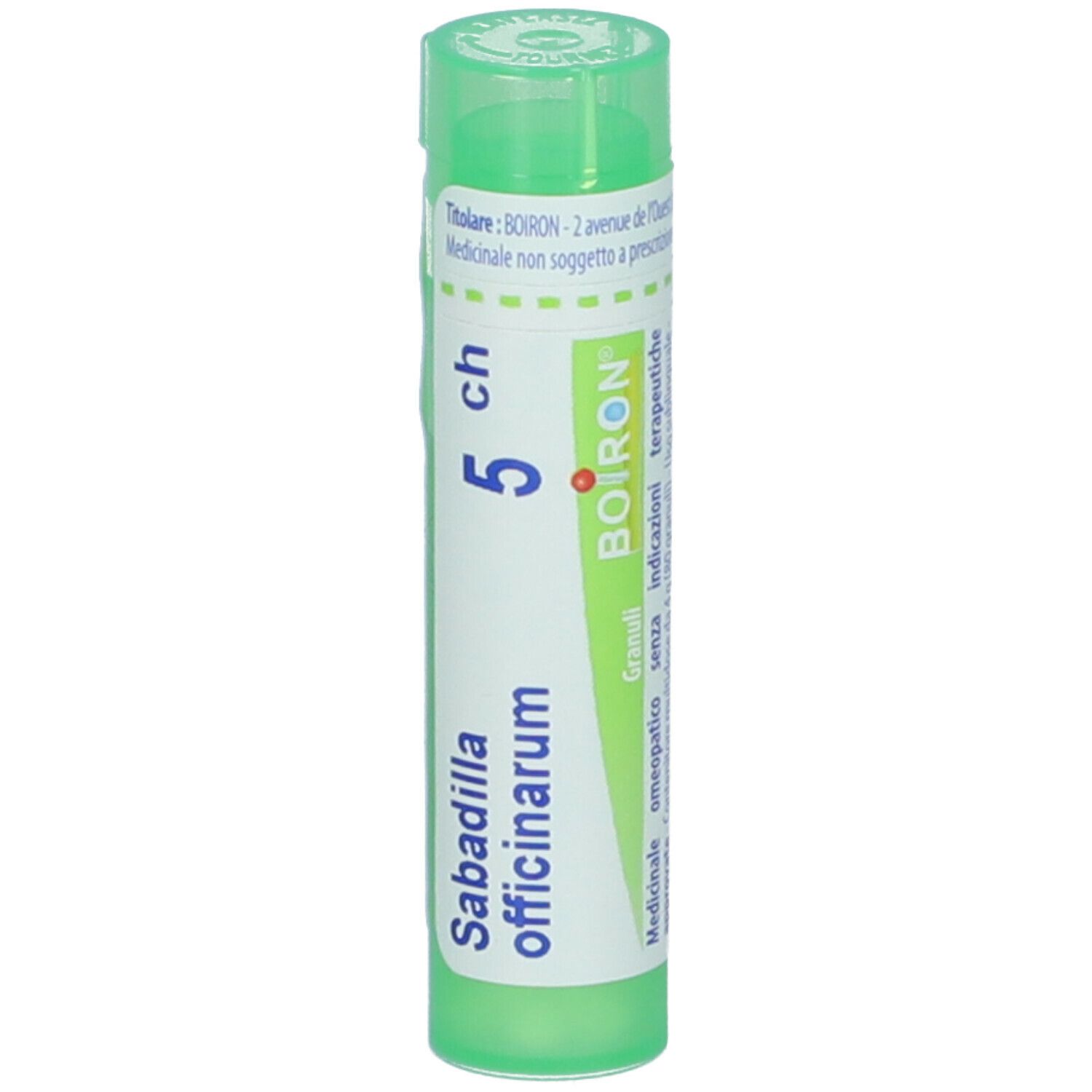 Confezione cilindrica verde. Scritta: Sabadilla officinarum, 5 ch, BOIRON. Granuli. Tappo verde.
