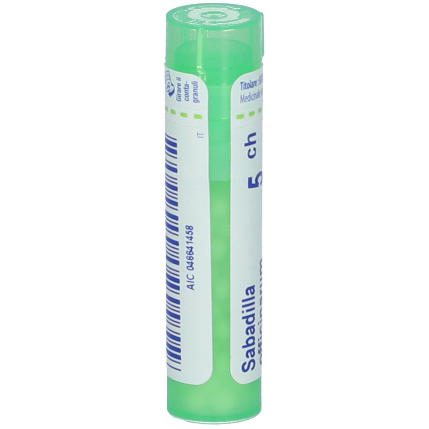 Confezione cilindrica verde. Scritta: Sabadilla, 5 ch. Con codice a barre e codice AIC.