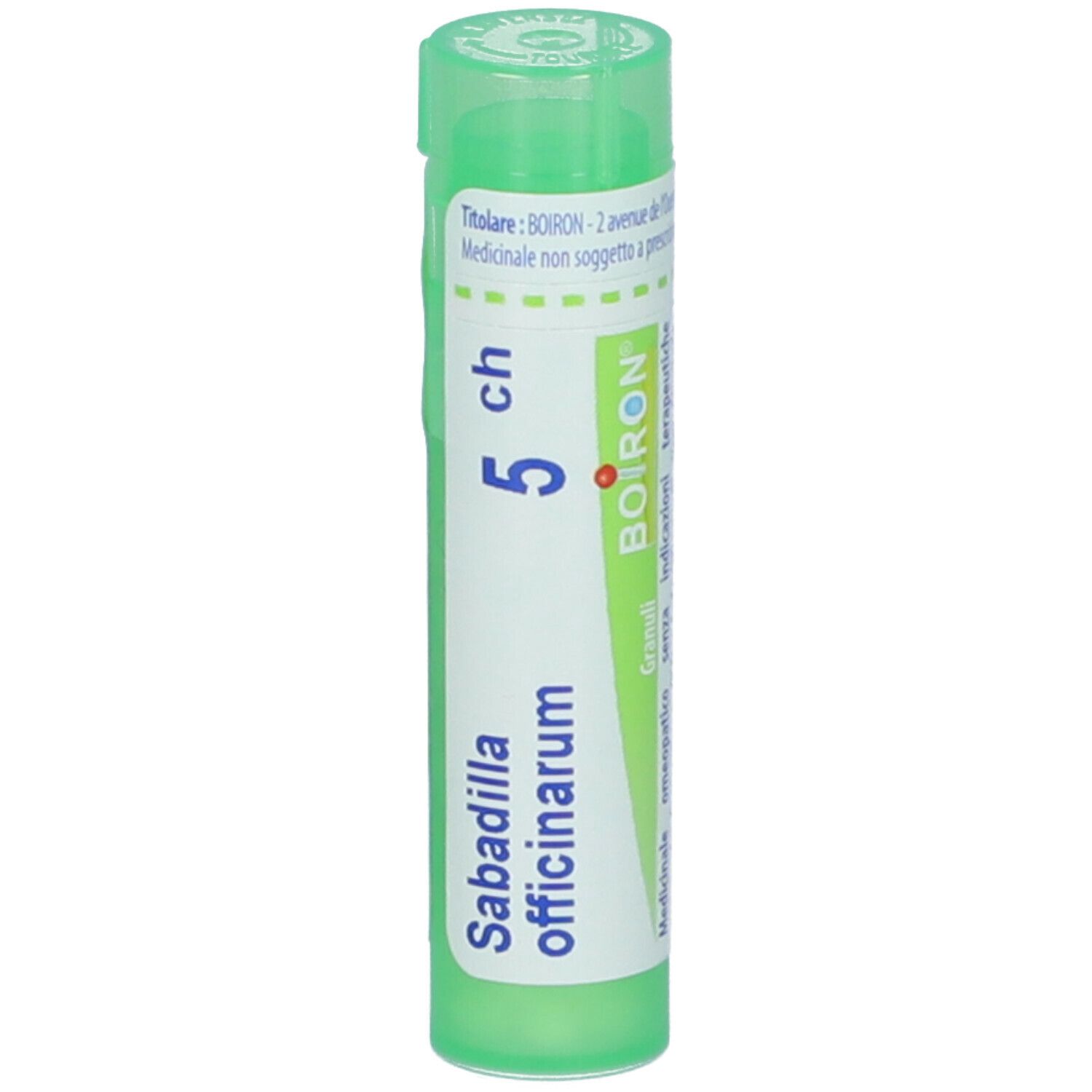 Confezione cilindrica verde. Scritta: Sabadilla officinarum, 5 ch, BOIRON. Granuli. Tappo verde.