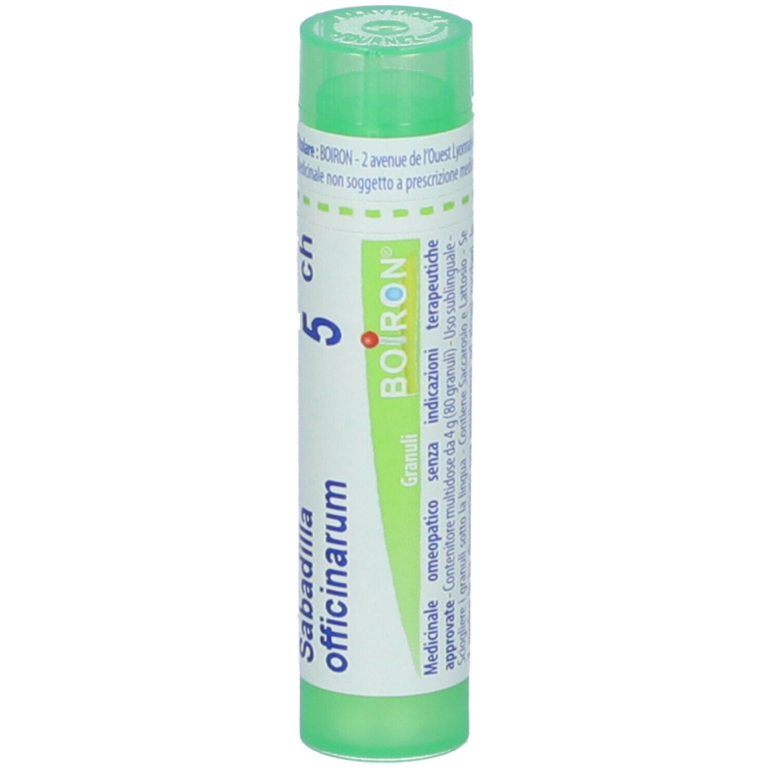 Confezione cilindrica verde. Scritta: Sabadilla officinarum, 5 ch, BOIRON. Granuli. Tappo verde.