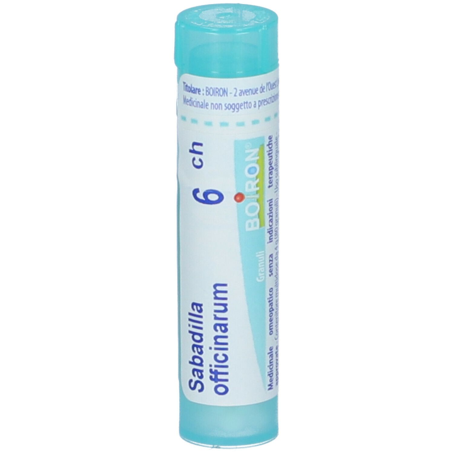 Confezione cilindrica di granuli. Scritta: Sabadilla officinarum, 6 ch, BOIRON. Tappo turchese.