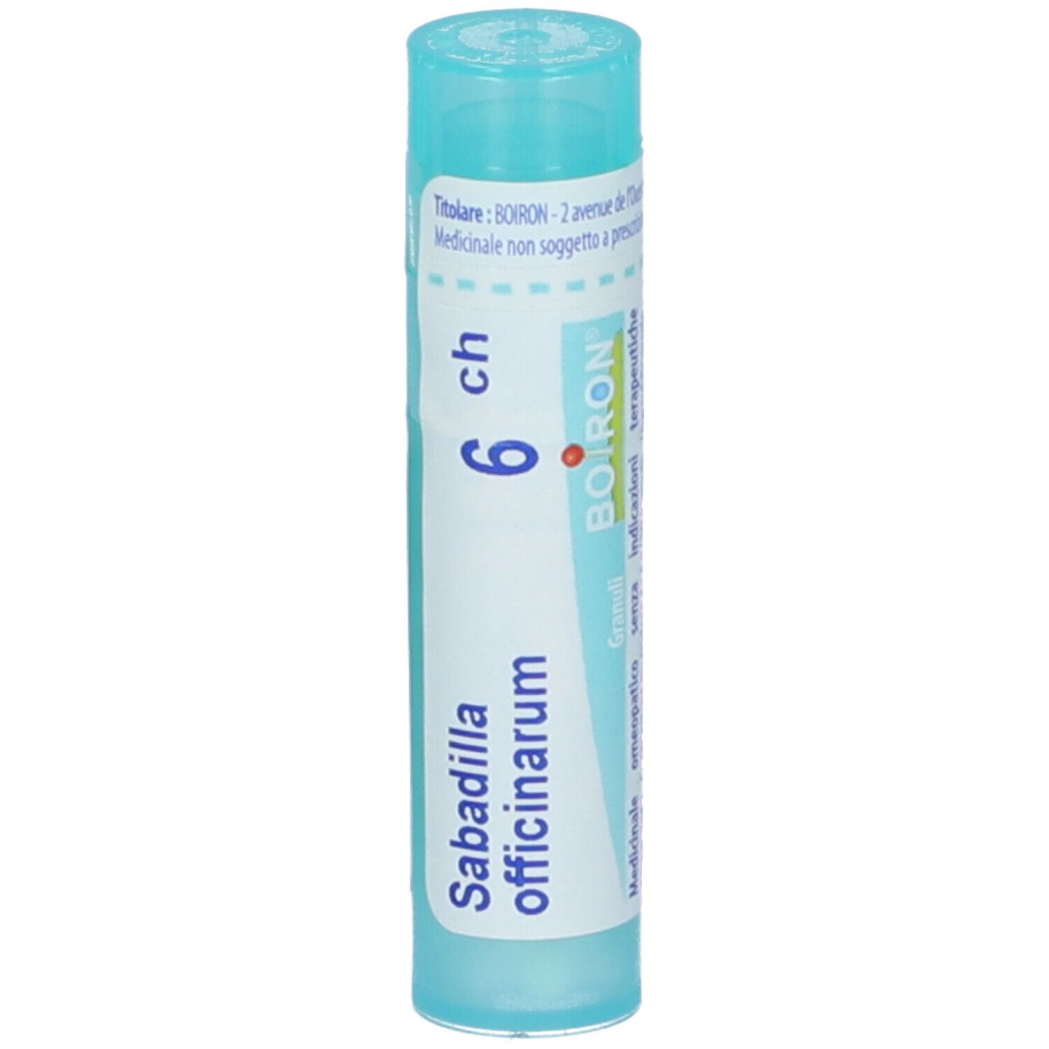 Confezione cilindrica di granuli. Scritta: Sabadilla officinarum, 6 ch, BOIRON. Tappo turchese.
