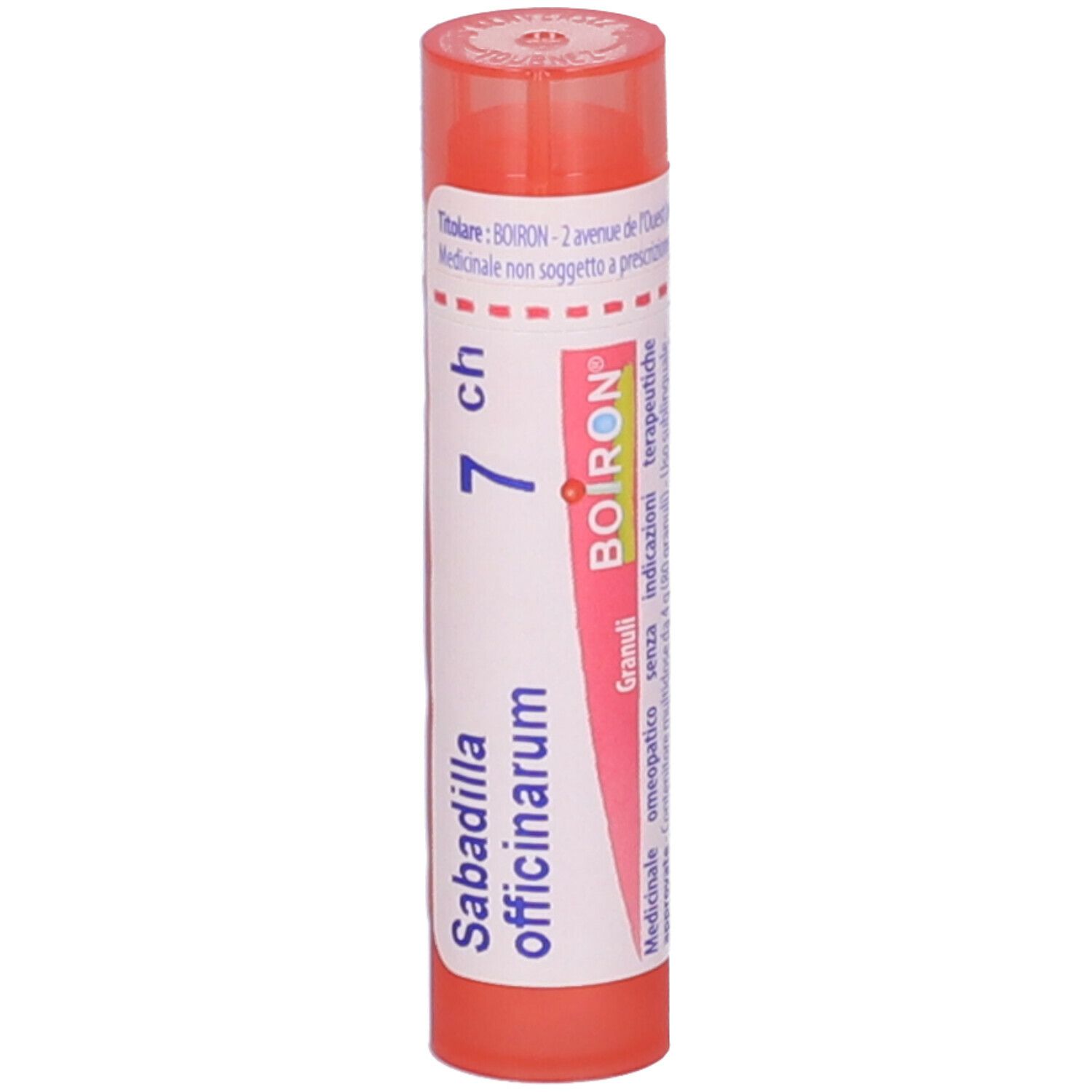 Confezione cilindrica rosa con etichetta bianca. Scritta: Sabadilla officinarum, 7 ch, BOIRON. Granuli.