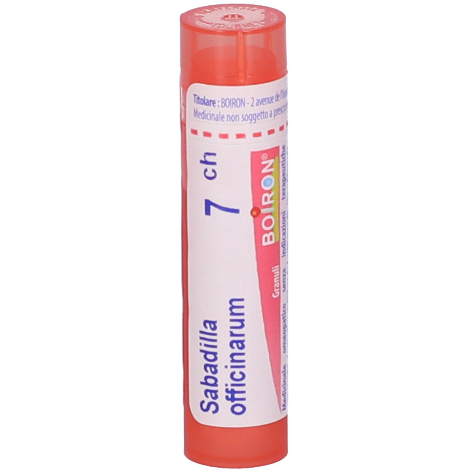 Confezione cilindrica rosa con etichetta bianca. Scritta: Sabadilla officinarum, 7 ch, BOIRON. Scadenza.