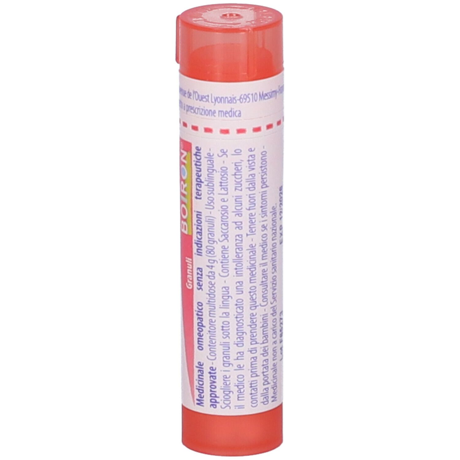 Confezione cilindrica rosa con etichetta bianca. Scritta: Sabadilla officinarum, 7 ch, BOIRON. Granuli.