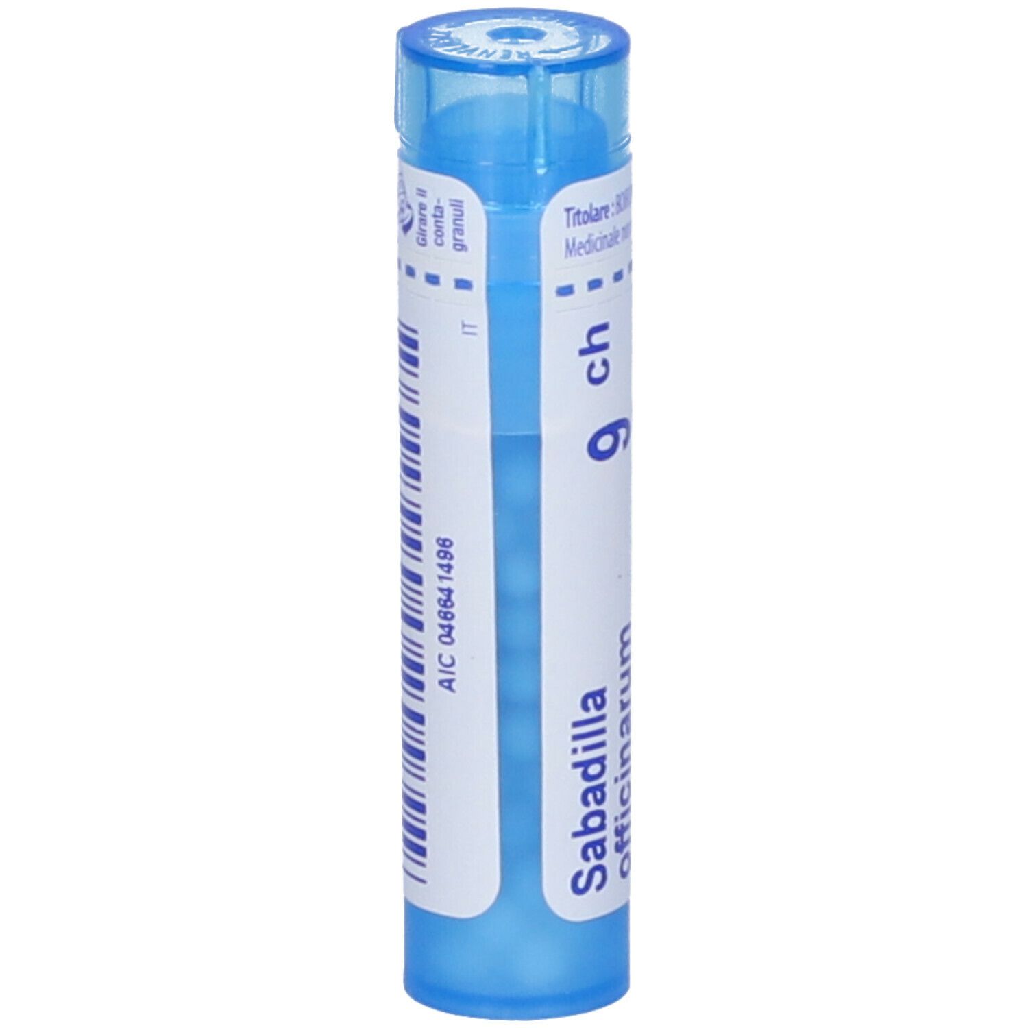 Confezione cilindrica blu. Scritta: Sabadilla officinarum, 9 ch. Etichetta con informazioni e codice a barre.