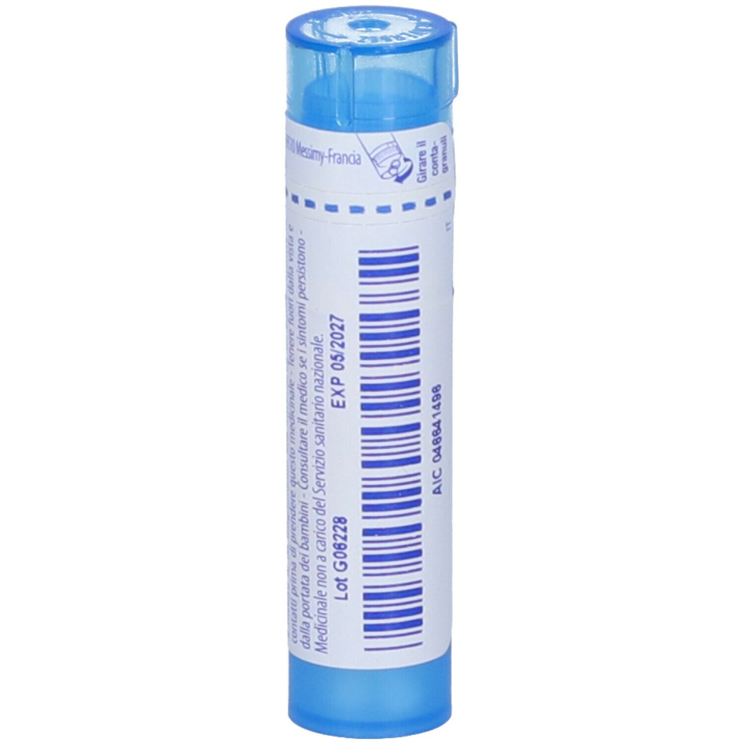 Confezione cilindrica blu. Scritta: Sabadilla officinarum, 9 ch. Etichetta con data di scadenza.