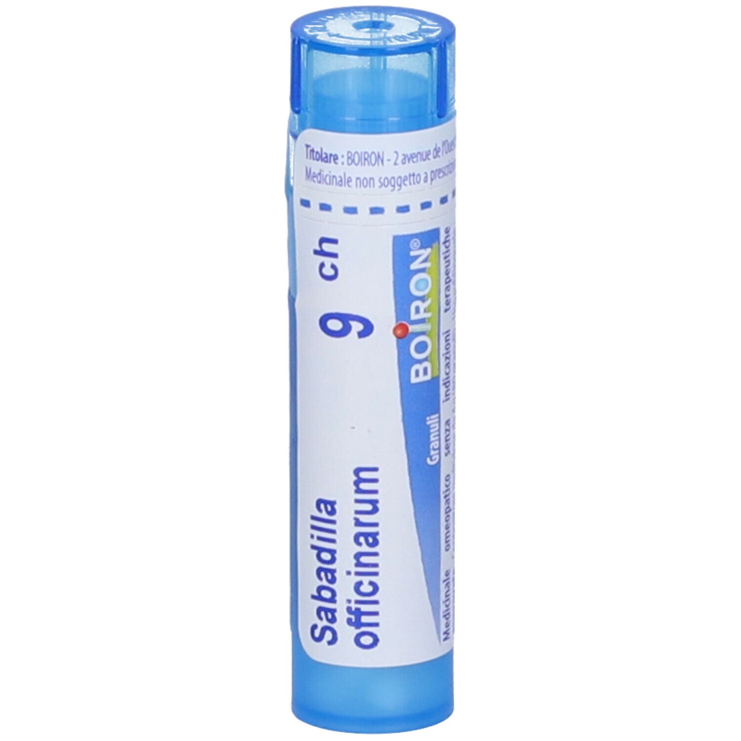 Confezione cilindrica blu. Scritta: Sabadilla officinarum, 9 ch, BOIRON. Informazioni sul prodotto.