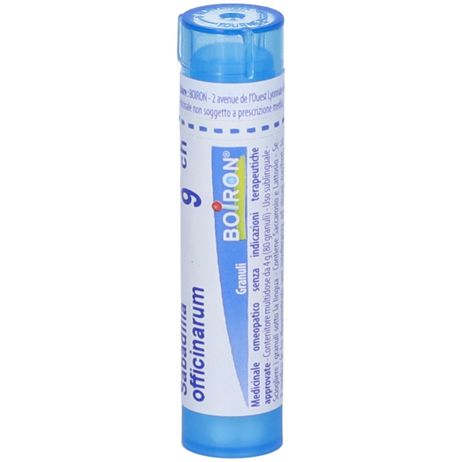 Confezione cilindrica blu. Scritta: Sabadilla officinarum, 9 ch, BOIRON. Informazioni sul prodotto.